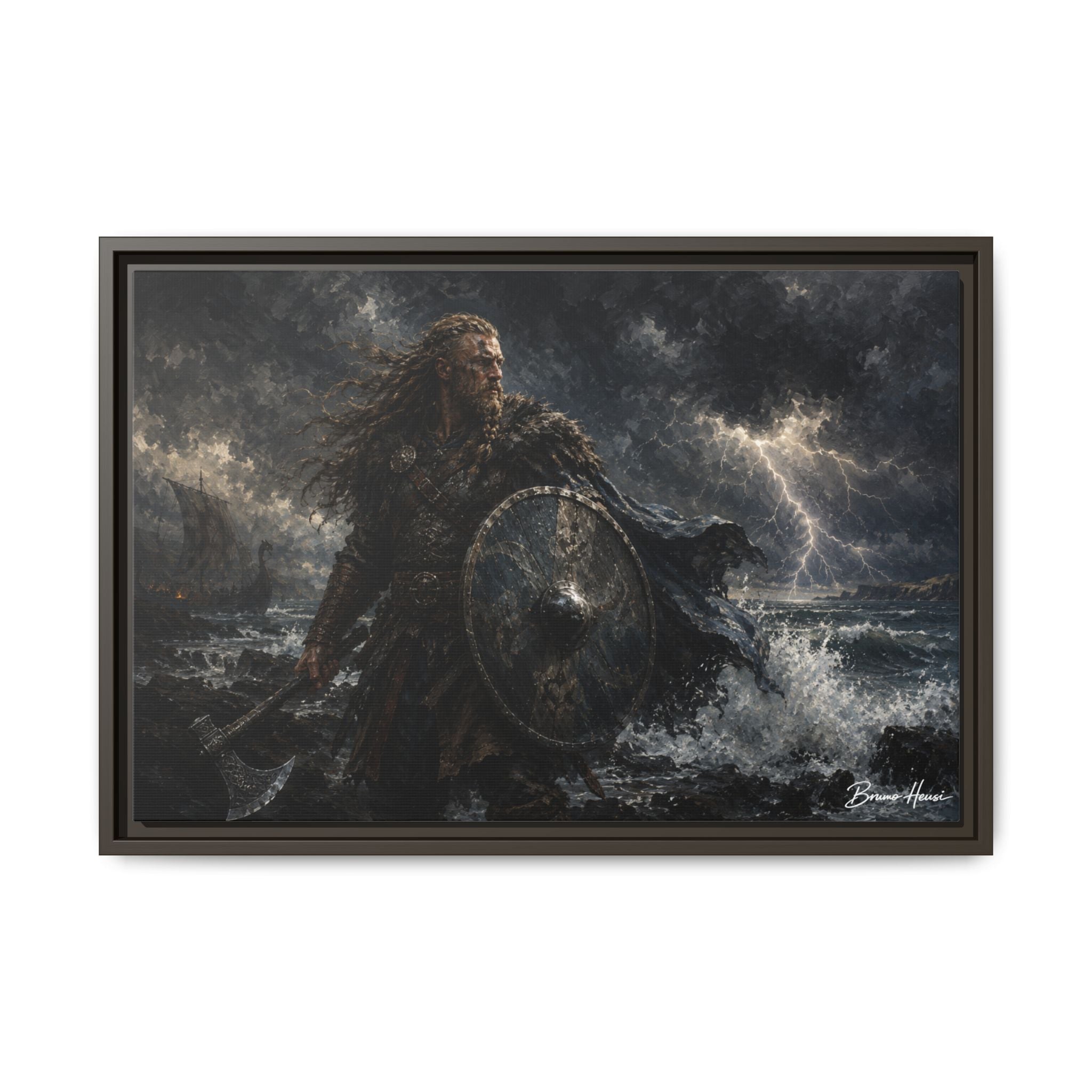 Viking Warrior Matte Framed Canvas Print — Stormy Norse Shield and Axe Wall Art