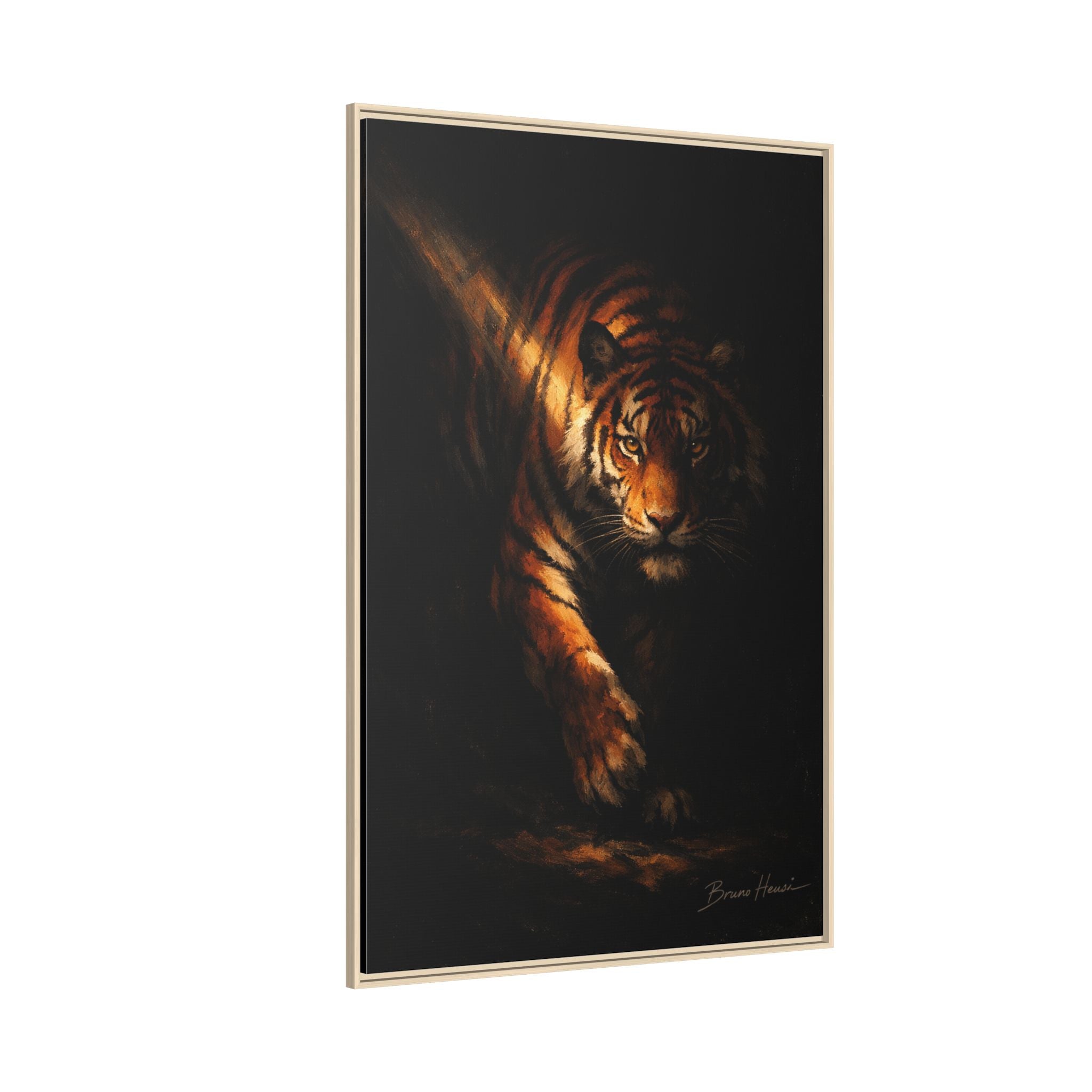 Tiger in the Shadows Matte Framed Canvas Print — Dramatic Wildlife Wall Art