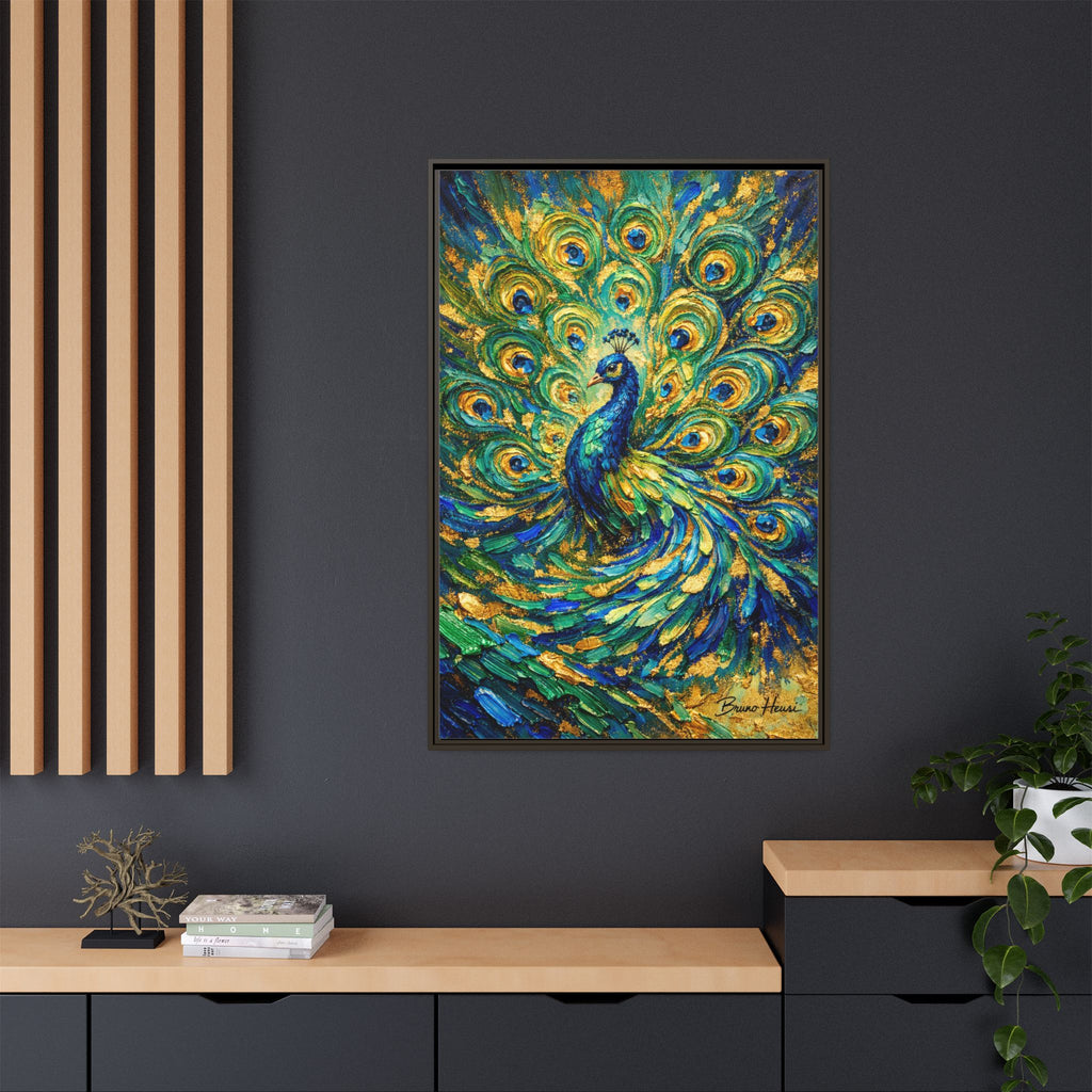Peacock Oil-Style Framed Canvas Wall Art — Vibrant Blue & Gold Peacock Painting