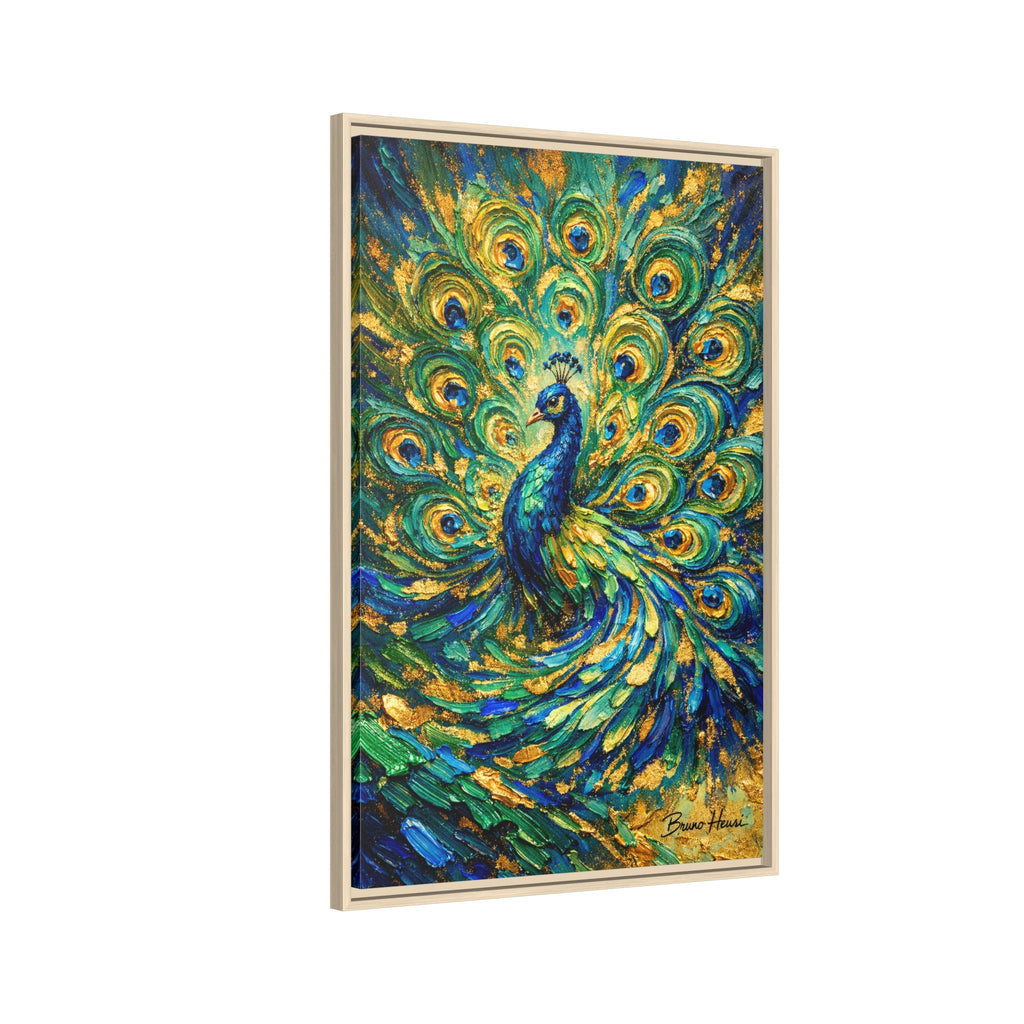 Peacock Oil-Style Framed Canvas Wall Art — Vibrant Blue & Gold Peacock Painting