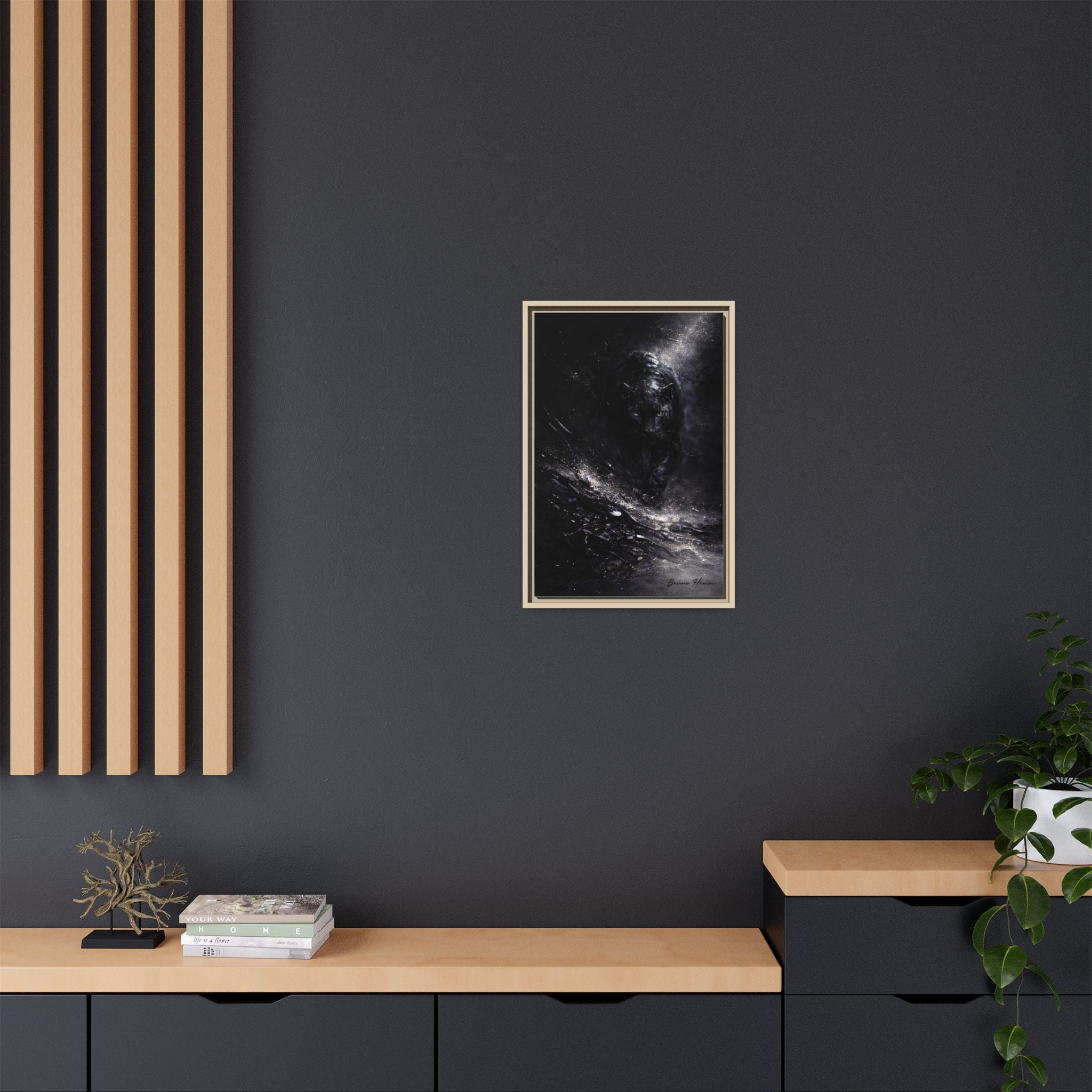 Cosmic Black Panther Matte Framed Canvas – Dark Abstract Wildlife Wall Art