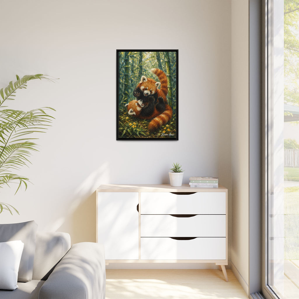 Red Panda Playtime Framed Canvas Wall Art — Playful Wildlife Print
