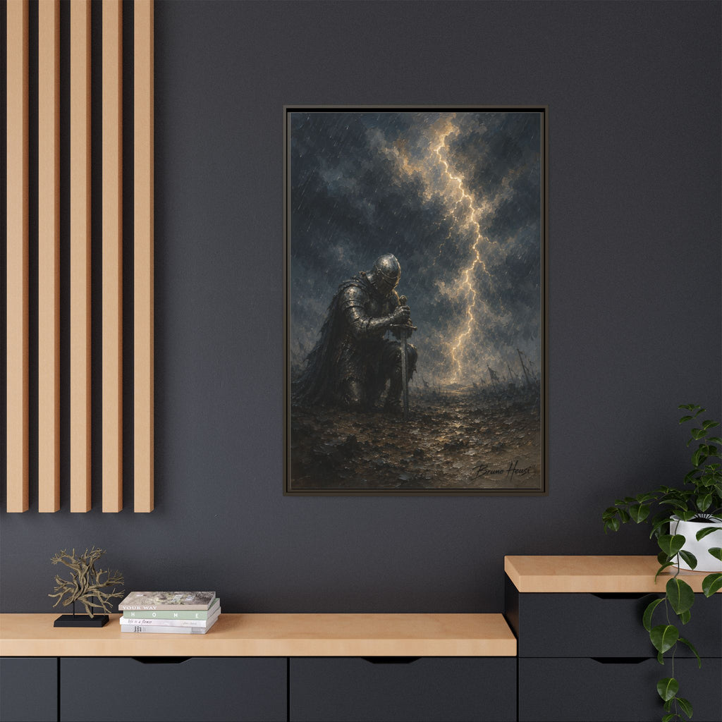 Knight in Thunderstorm Matte Framed Canvas — Dark Fantasy Wall Art