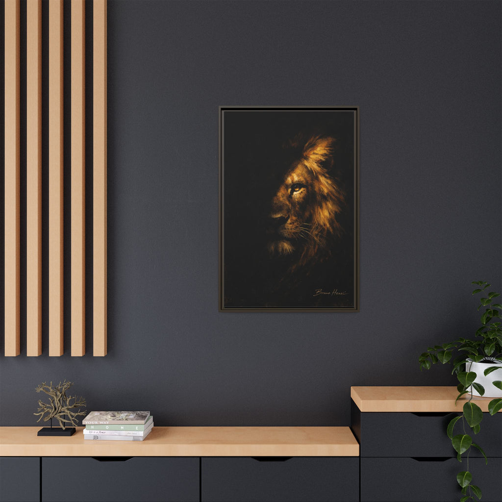 Majestic Lion Portrait Framed Canvas Wall Art — Golden Mane on Black Matte Print