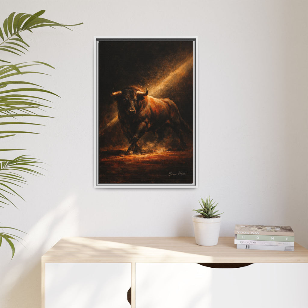 Framed Matte Canvas Art - Dramatic Charging Bull Painting