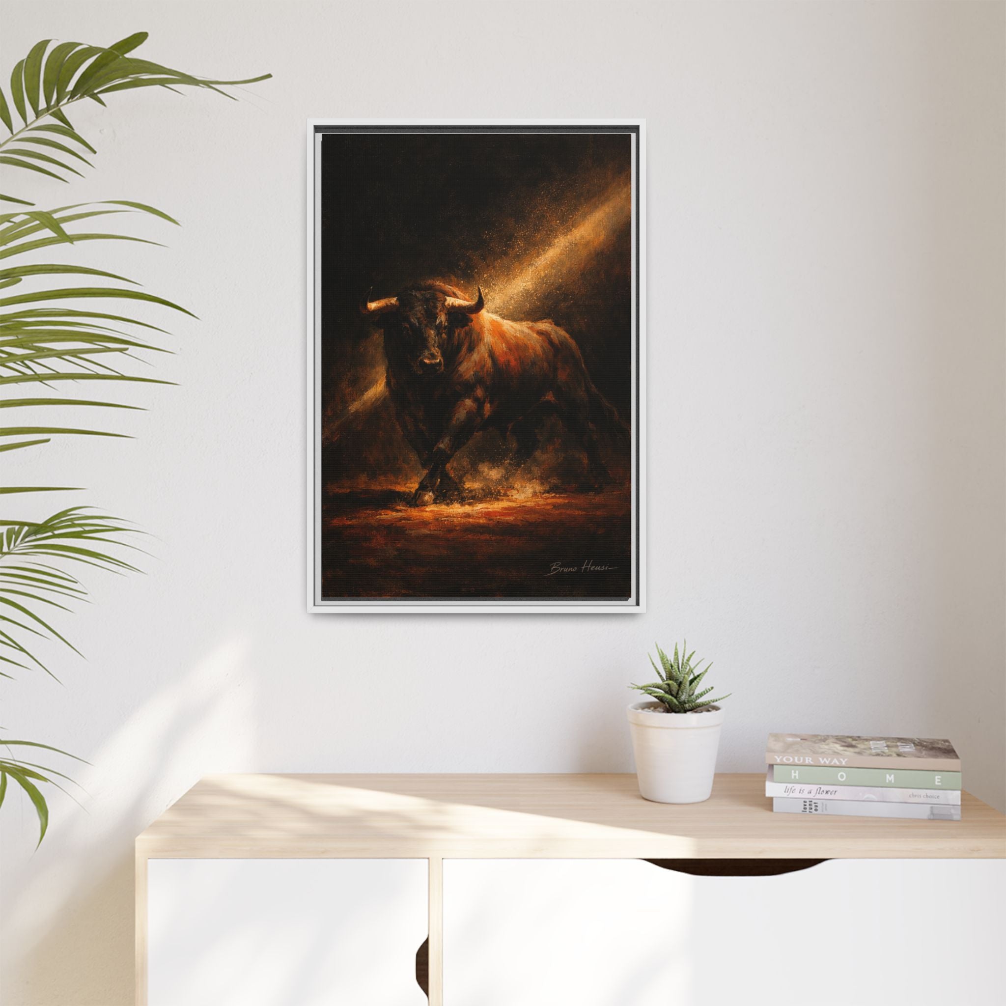 Framed Matte Canvas Art - Dramatic Charging Bull Painting