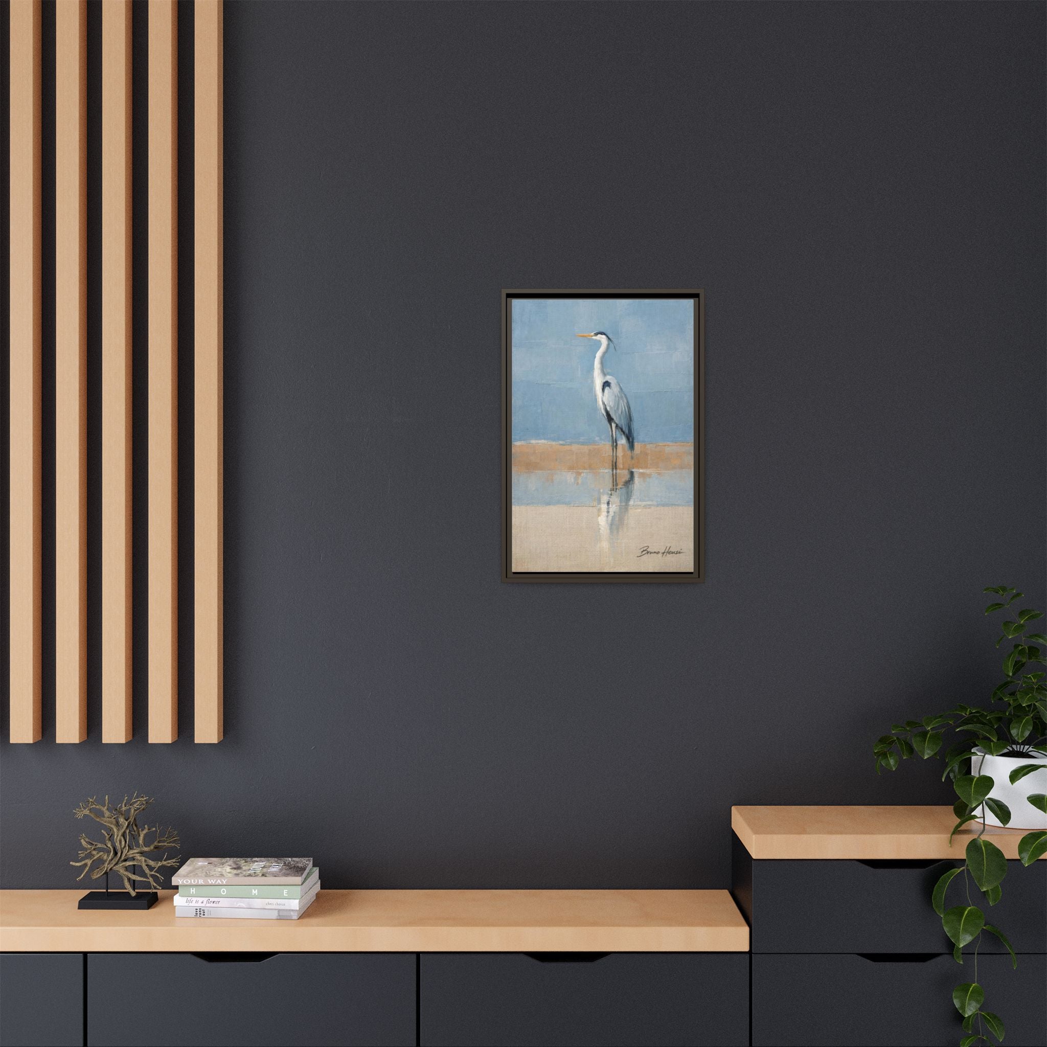 Framed Heron Canvas Art – Coastal Shorebird Wall Decor