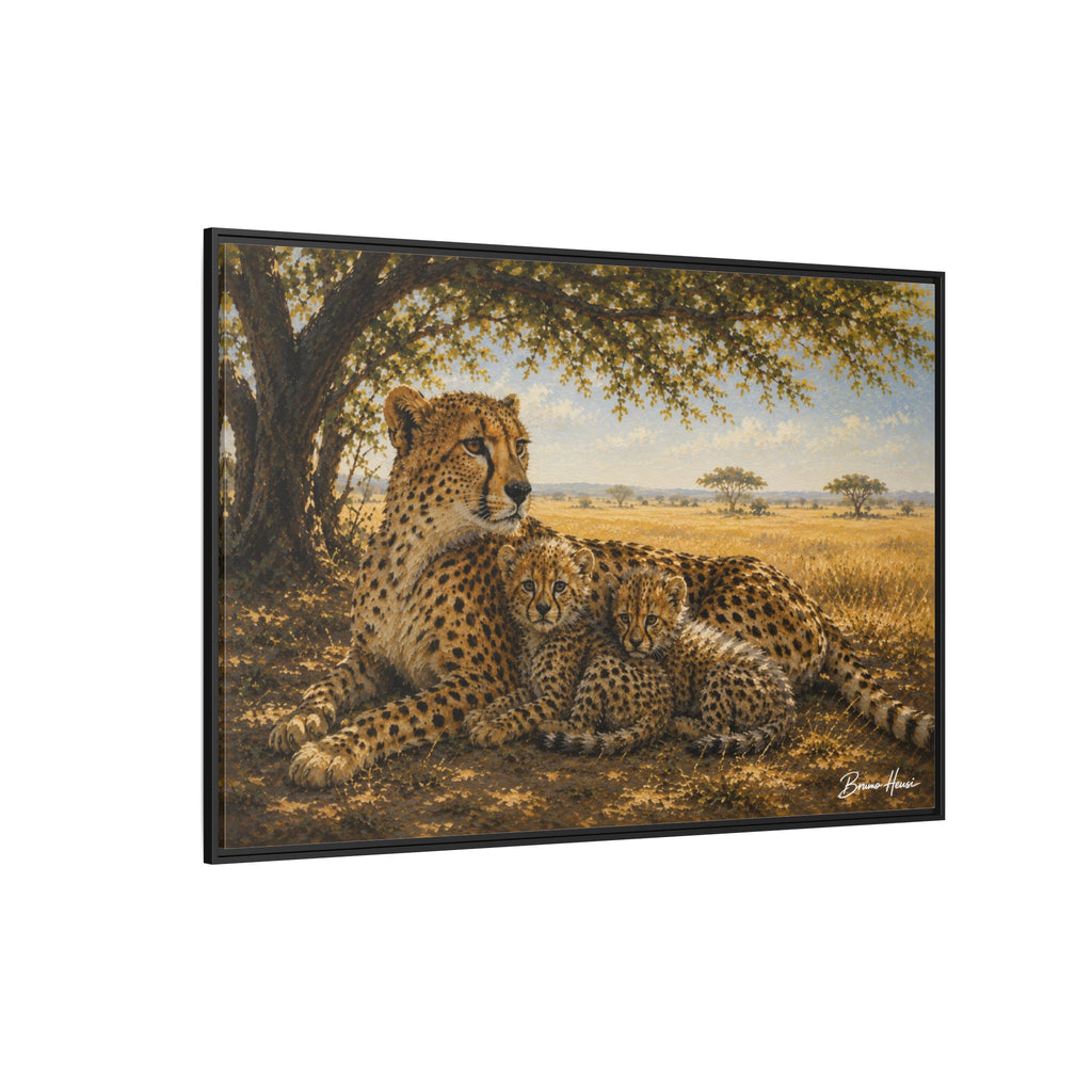 Cheetah Mother & Cubs Framed Canvas Wall Art – African Wildlife Safari Print
