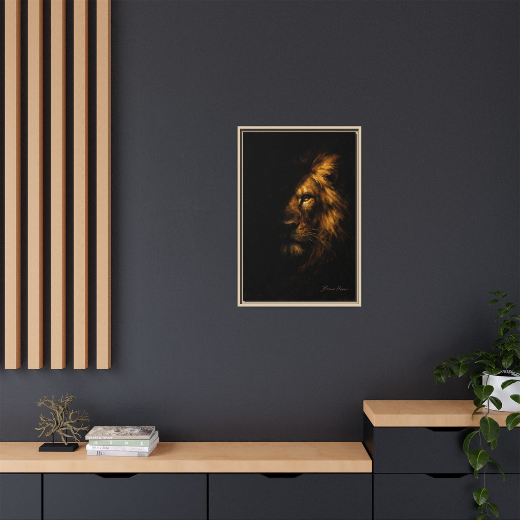 Majestic Lion Portrait Framed Canvas Wall Art — Golden Mane on Black Matte Print