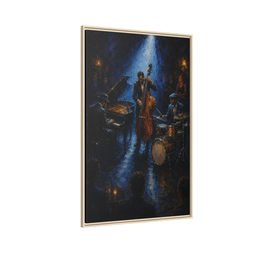 Framed Jazz Quartet Canvas Wall Art – Moody Blue Music Scene