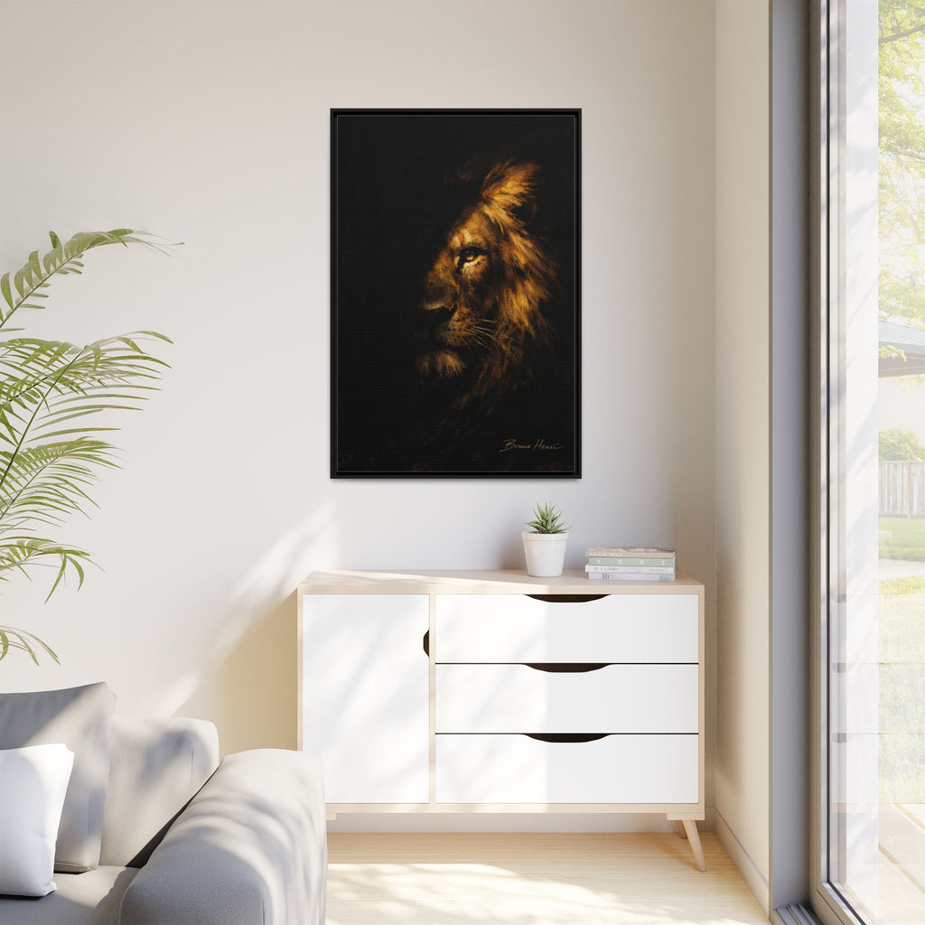 Majestic Lion Portrait Framed Canvas Wall Art — Golden Mane on Black Matte Print