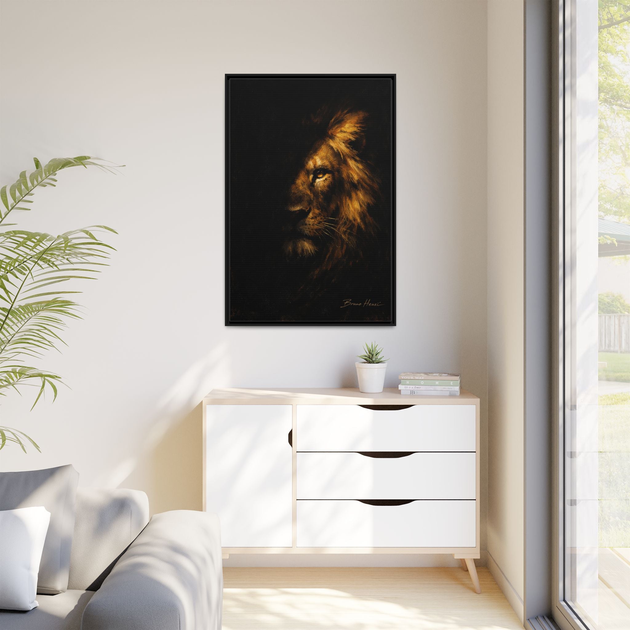 Majestic Lion Portrait Framed Canvas Wall Art — Golden Mane on Black Matte Print