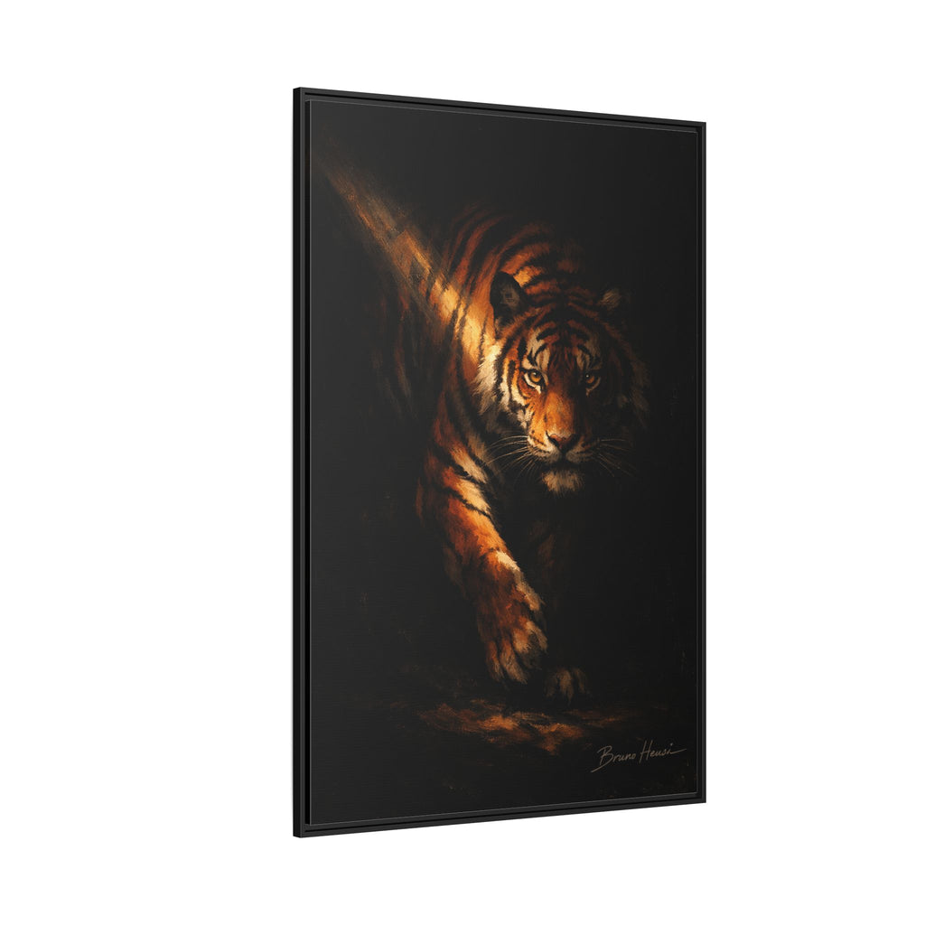 Tiger in the Shadows Matte Framed Canvas Print — Dramatic Wildlife Wall Art