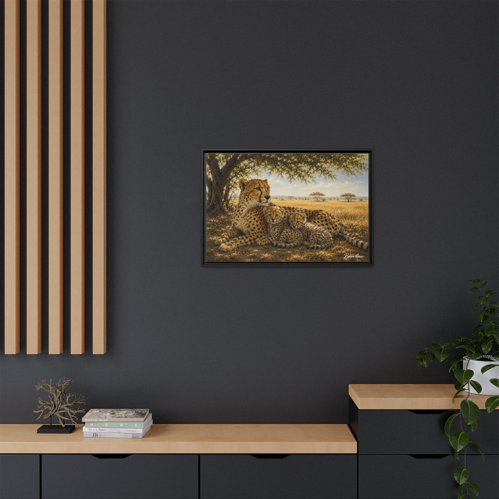 Cheetah Mother & Cubs Framed Canvas Wall Art – African Wildlife Safari Print