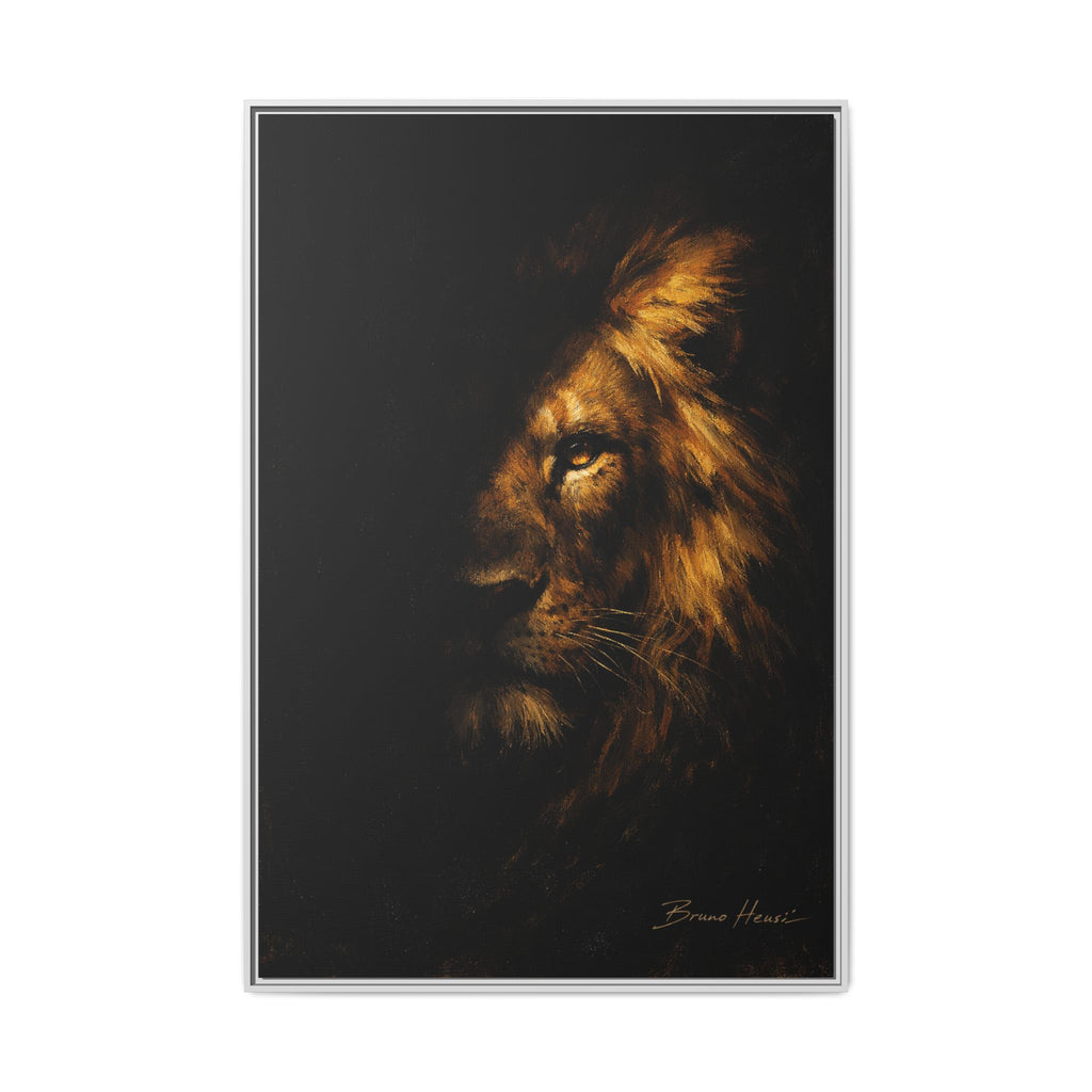 Majestic Lion Portrait Framed Canvas Wall Art — Golden Mane on Black Matte Print