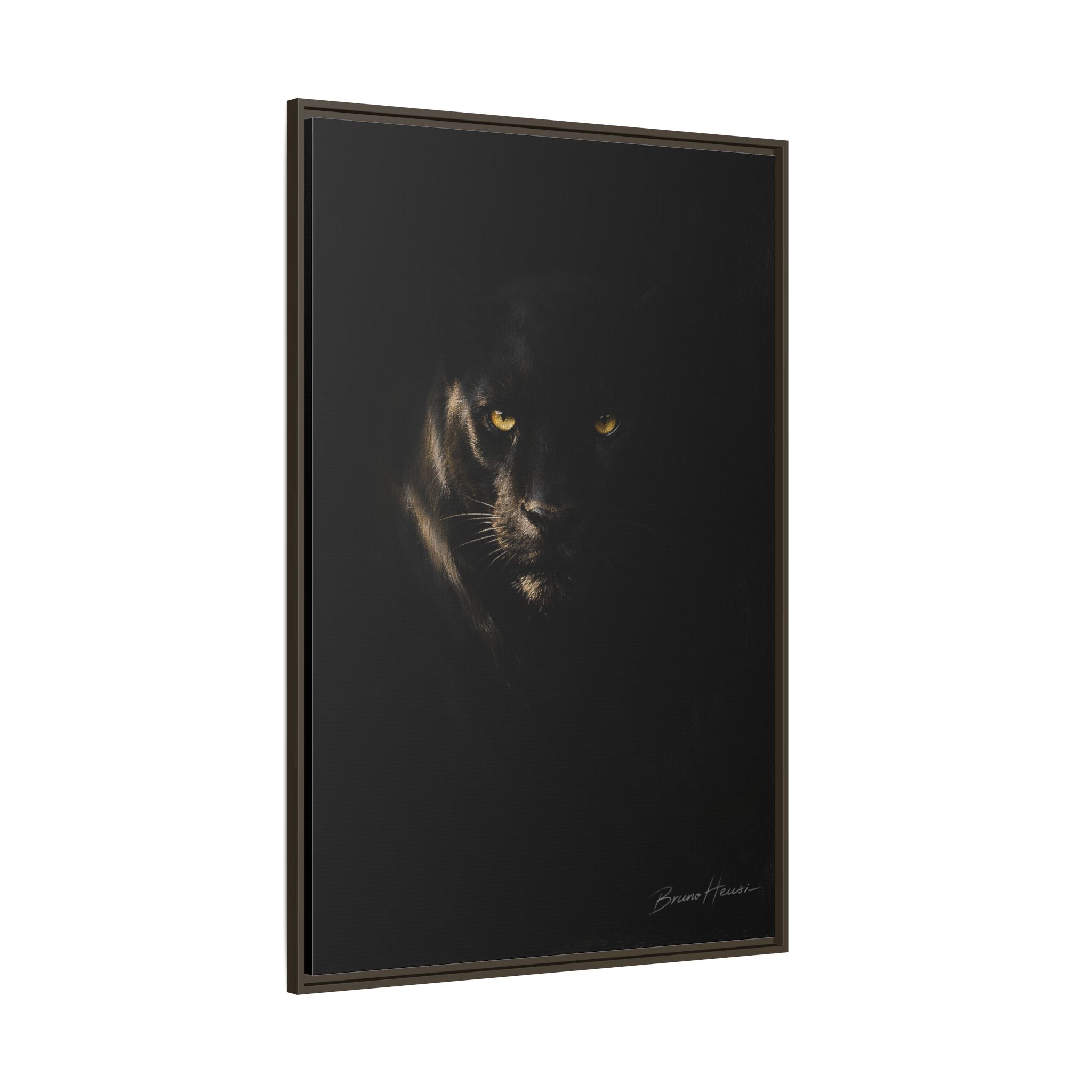 Framed Matte Canvas - Black Panther Wall Art with Golden Eyes