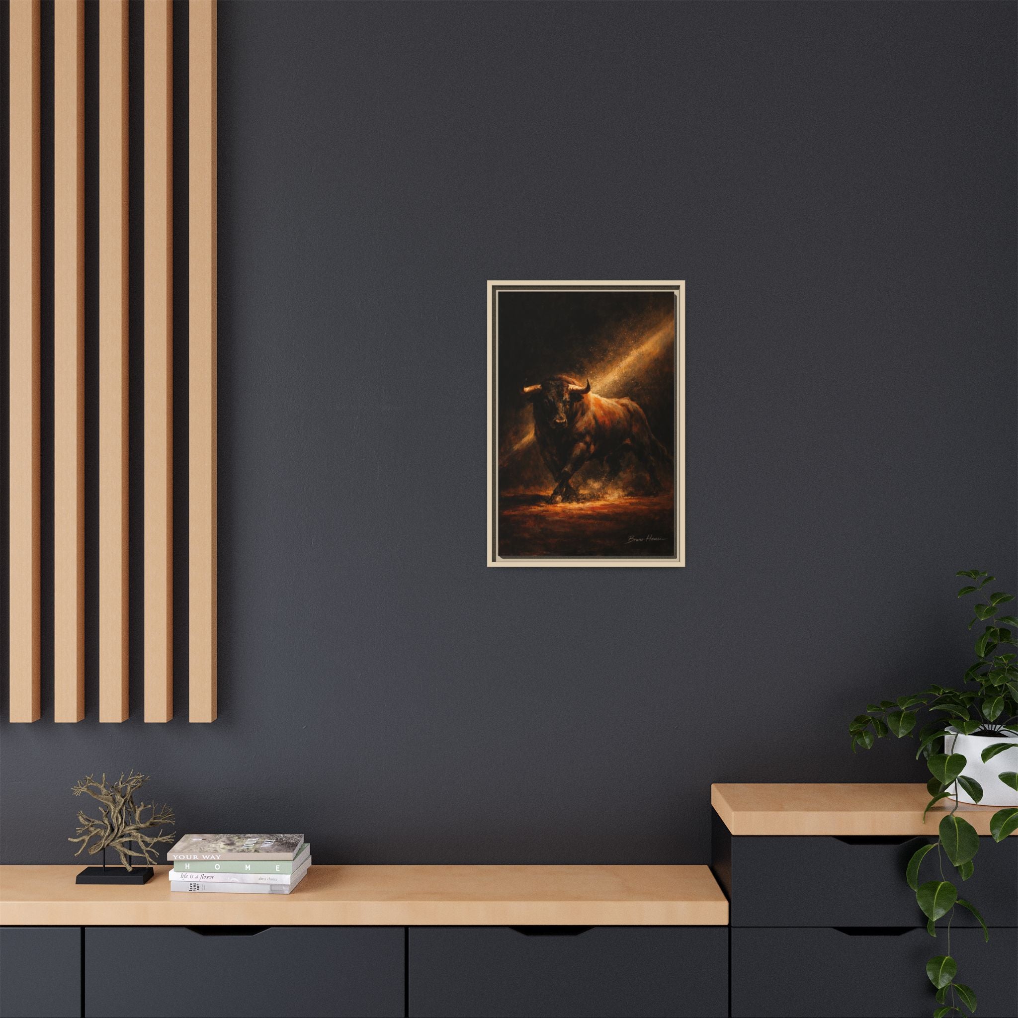 Framed Matte Canvas Art - Dramatic Charging Bull Painting
