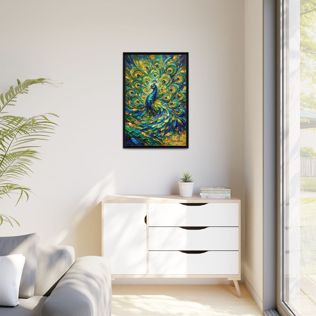 Peacock Oil-Style Framed Canvas Wall Art — Vibrant Blue & Gold Peacock Painting