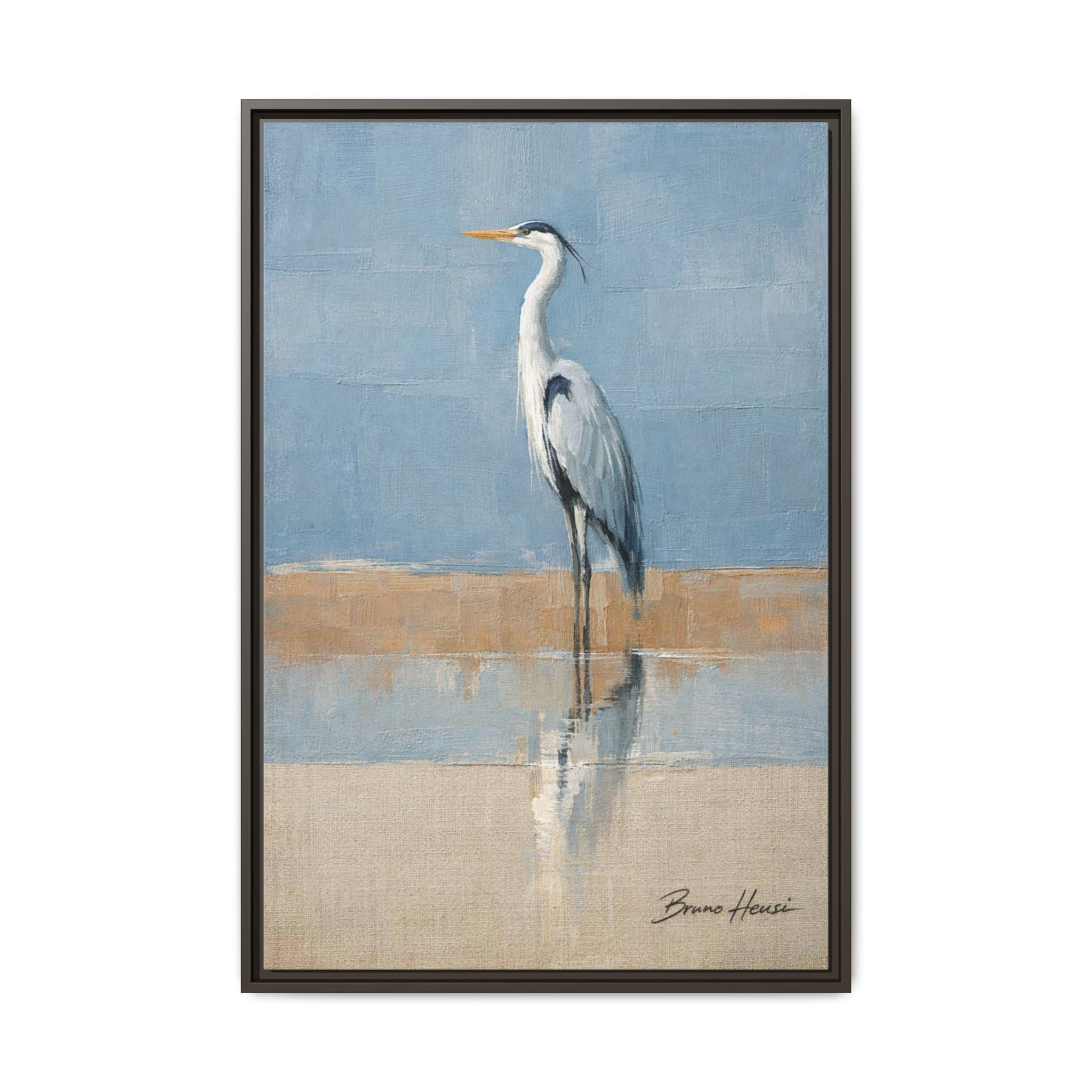 Framed Heron Canvas Art – Coastal Shorebird Wall Decor