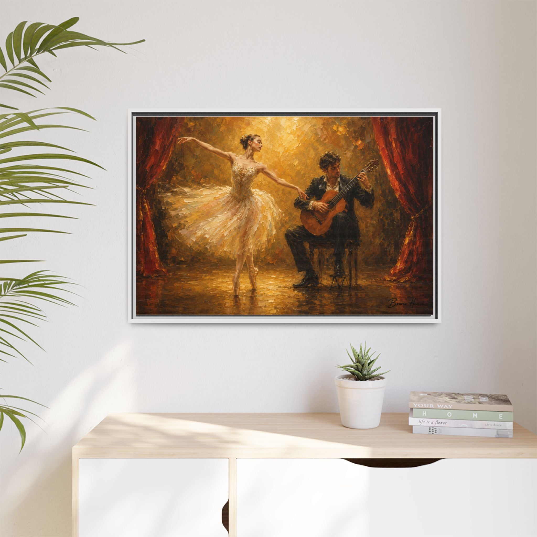 Ballet Dancer & Guitarist Framed Canvas Wall Art — Oil-Style Performance Print