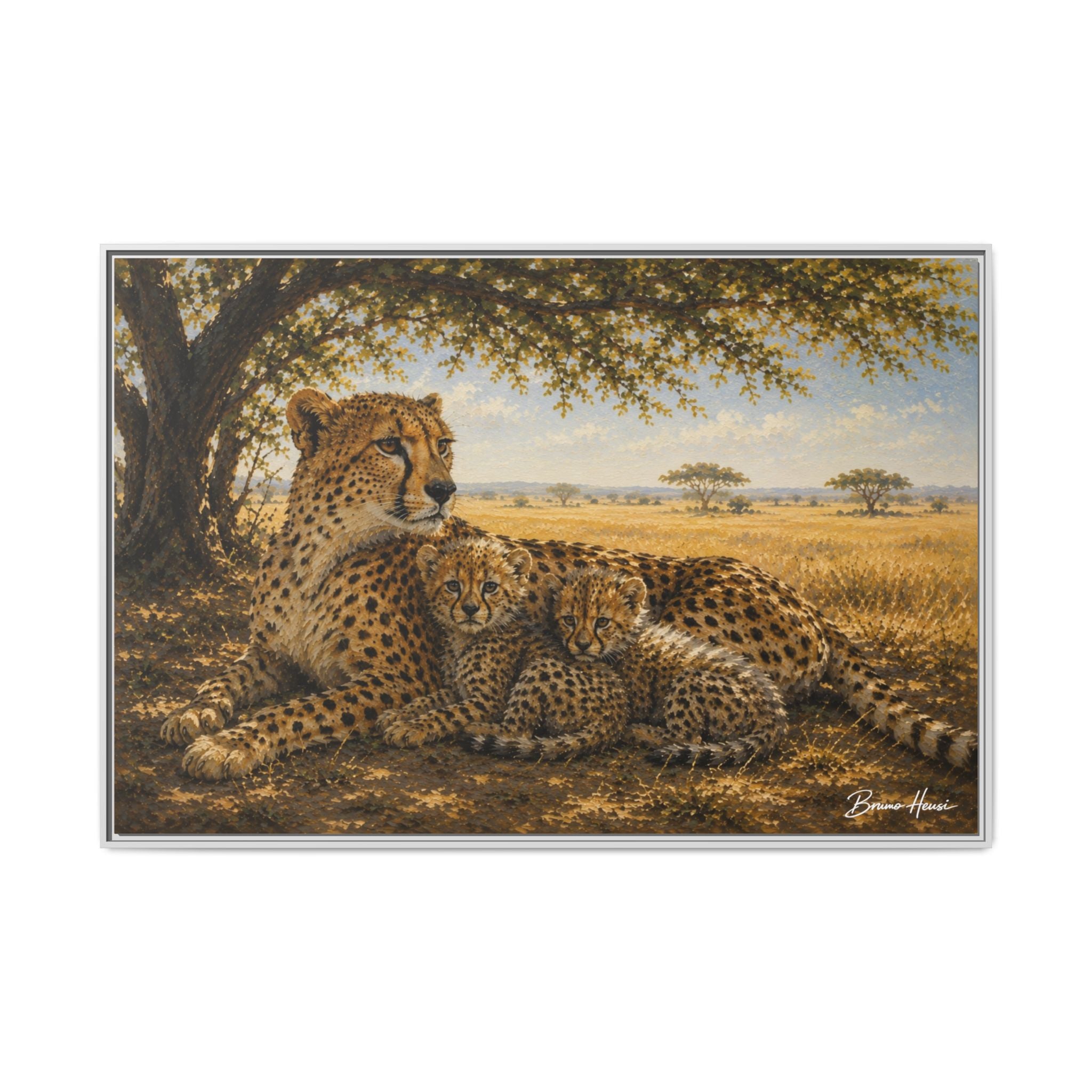 Cheetah Mother & Cubs Framed Canvas Wall Art – African Wildlife Safari Print