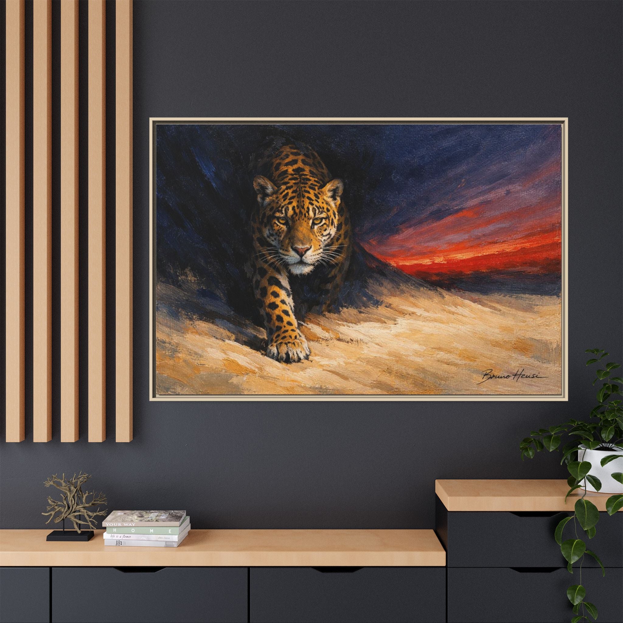 Framed Jaguar Canvas Art – Majestic Big Cat Painting with Sunset Sky