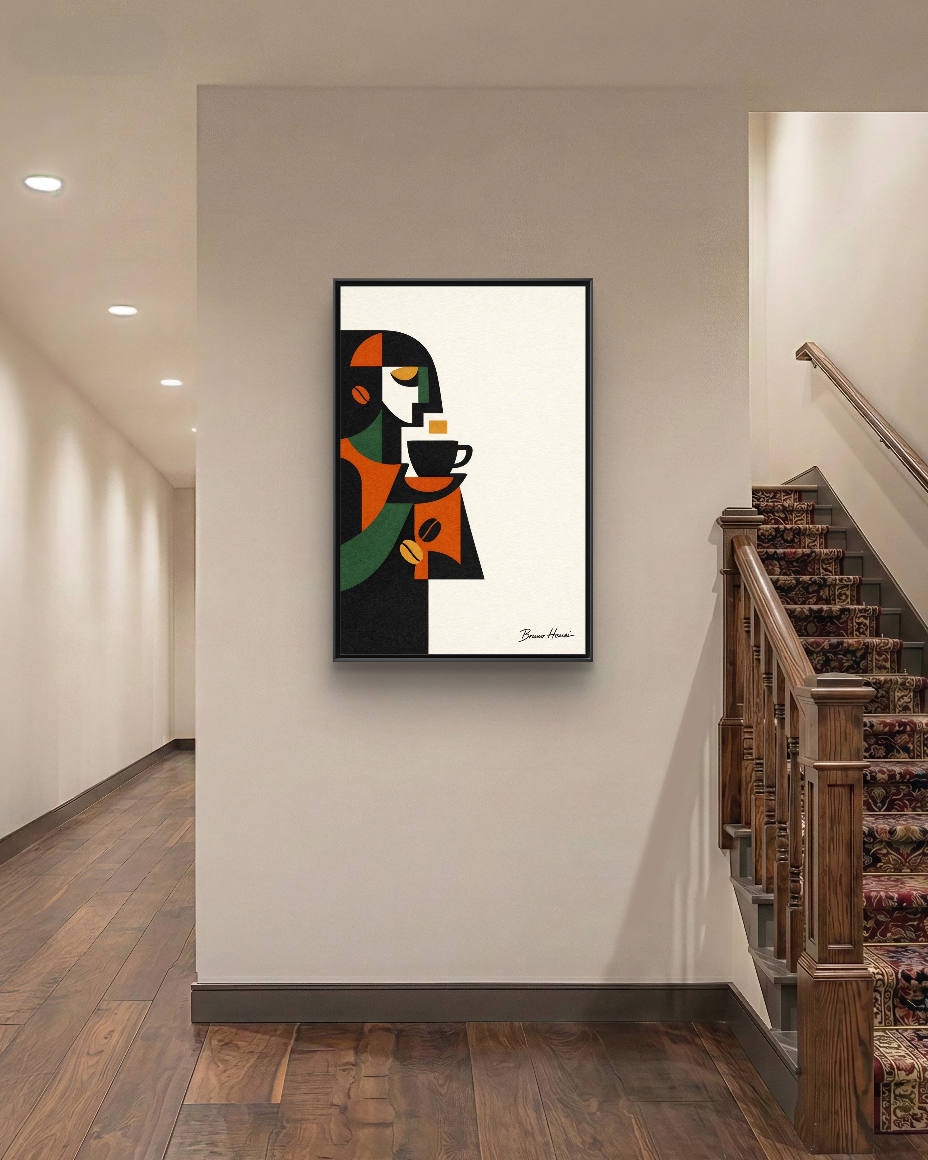 Abstract Coffee Drinker Framed Canvas Print — Modern Café Wall Art