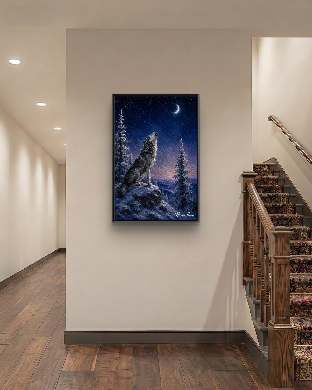Howling Wolf Moon Framed Canvas Art - Matte Multi-Color Wilderness Print