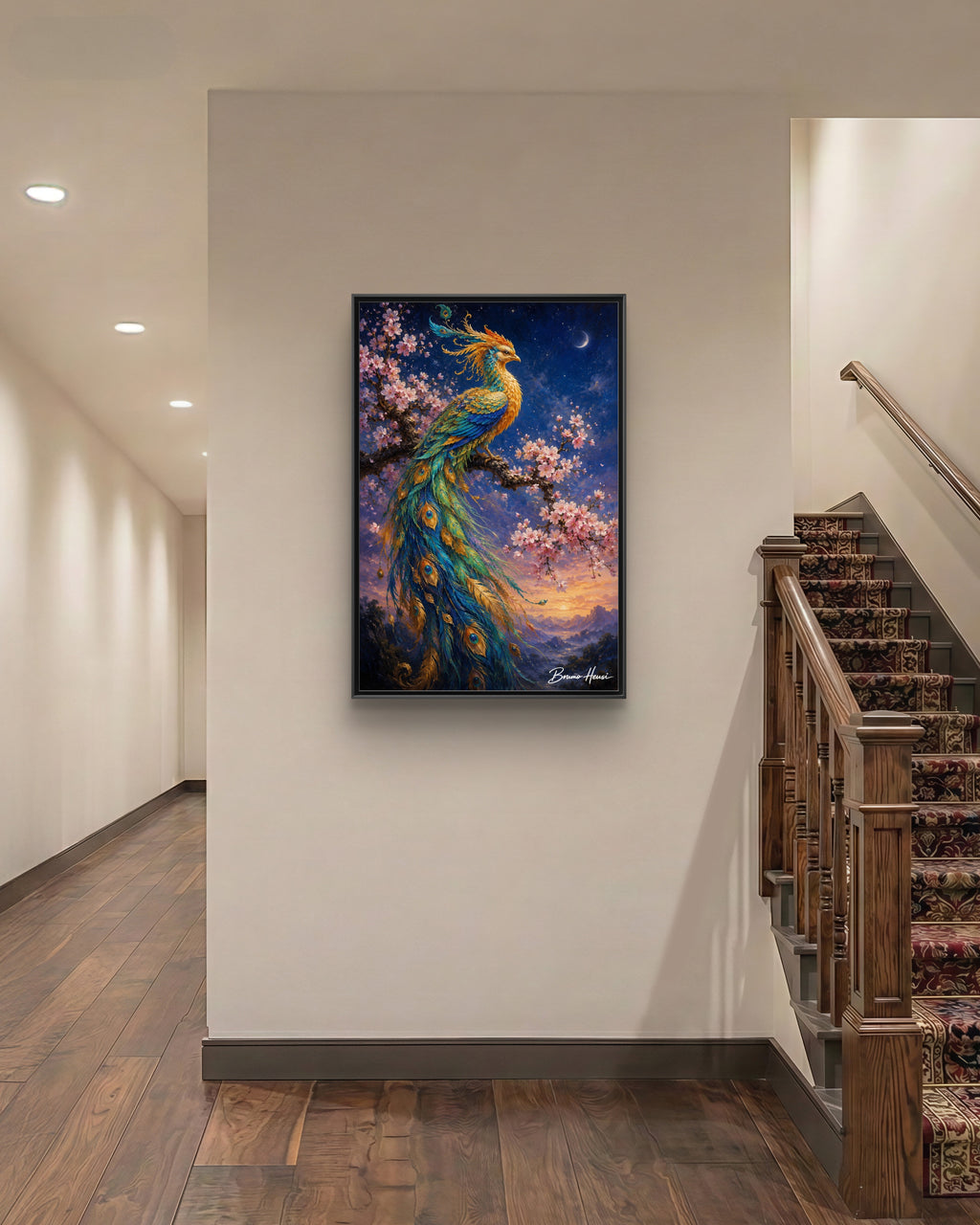Framed Peacock Canvas Wall Art — Vibrant Fantasy Bird Print