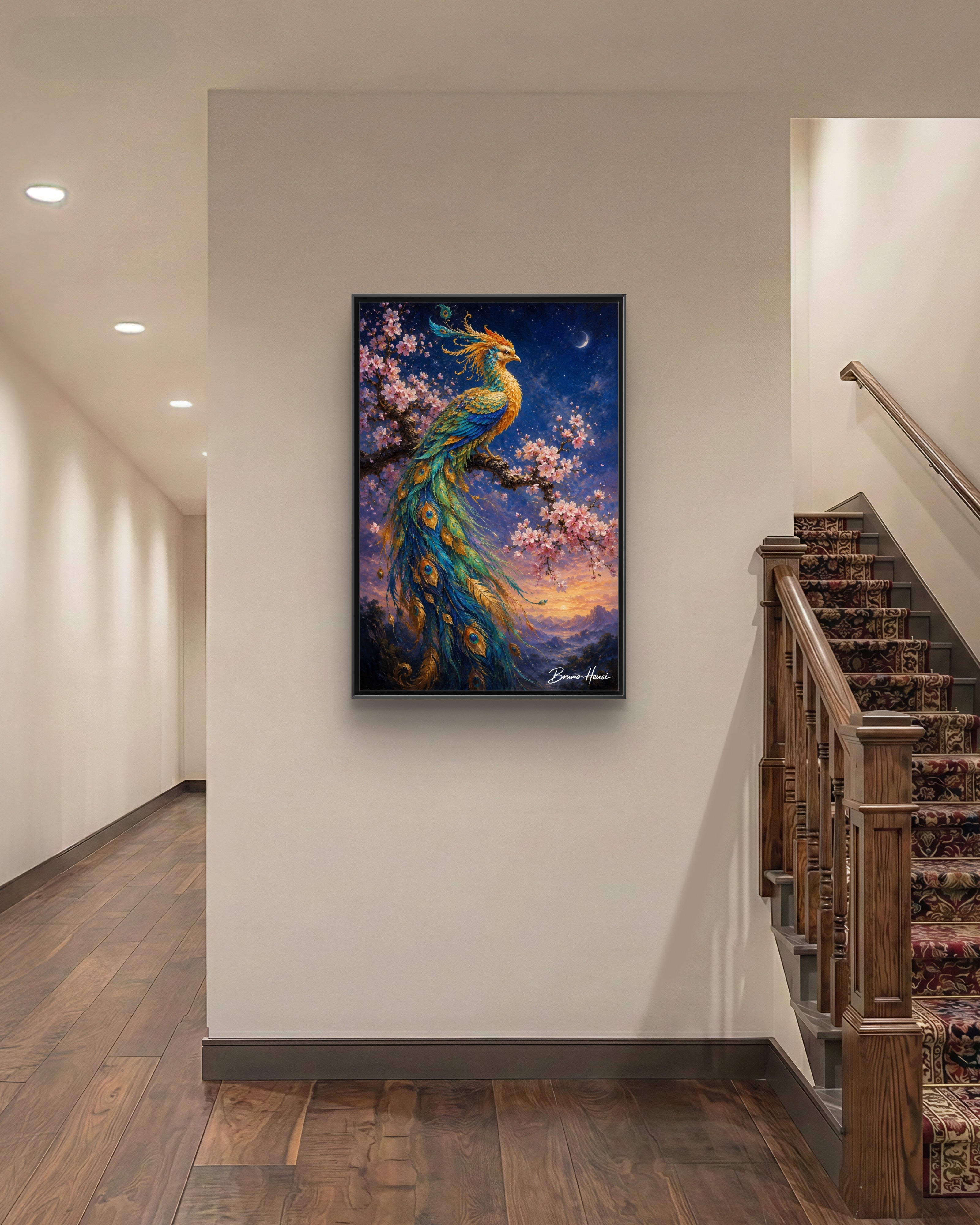 Framed Peacock Canvas Wall Art — Vibrant Fantasy Bird Print