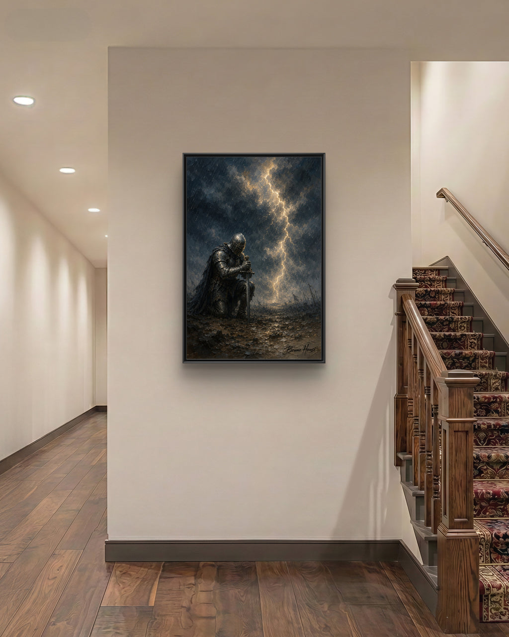 Knight in Thunderstorm Matte Framed Canvas — Dark Fantasy Wall Art