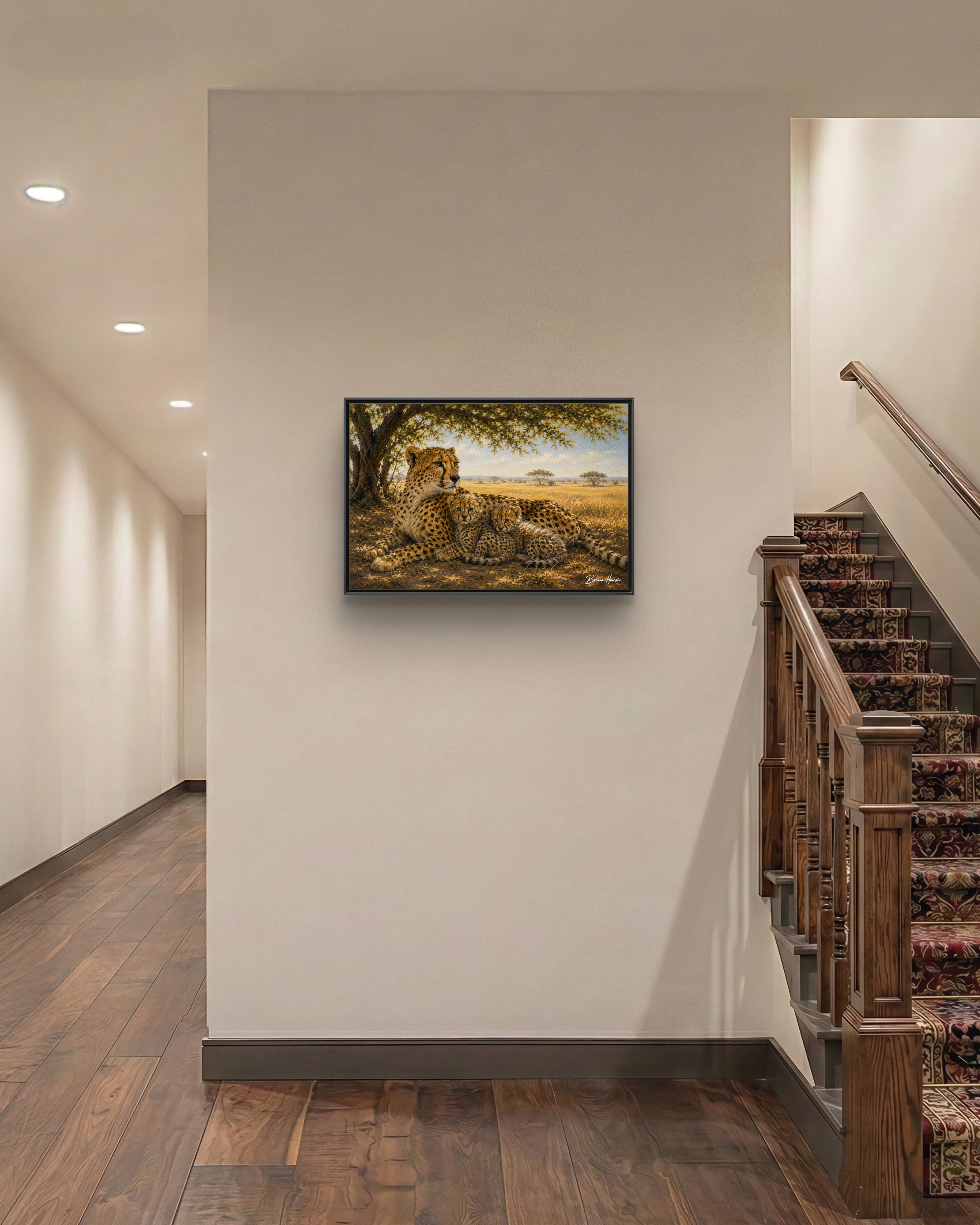 Cheetah Mother & Cubs Framed Canvas Wall Art – African Wildlife Safari Print