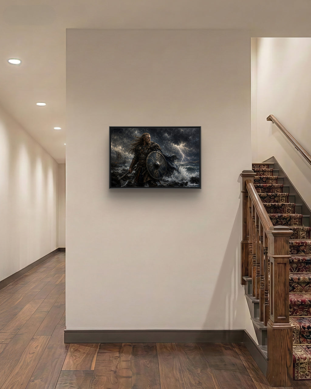 Viking Warrior Matte Framed Canvas Print — Stormy Norse Shield and Axe Wall Art
