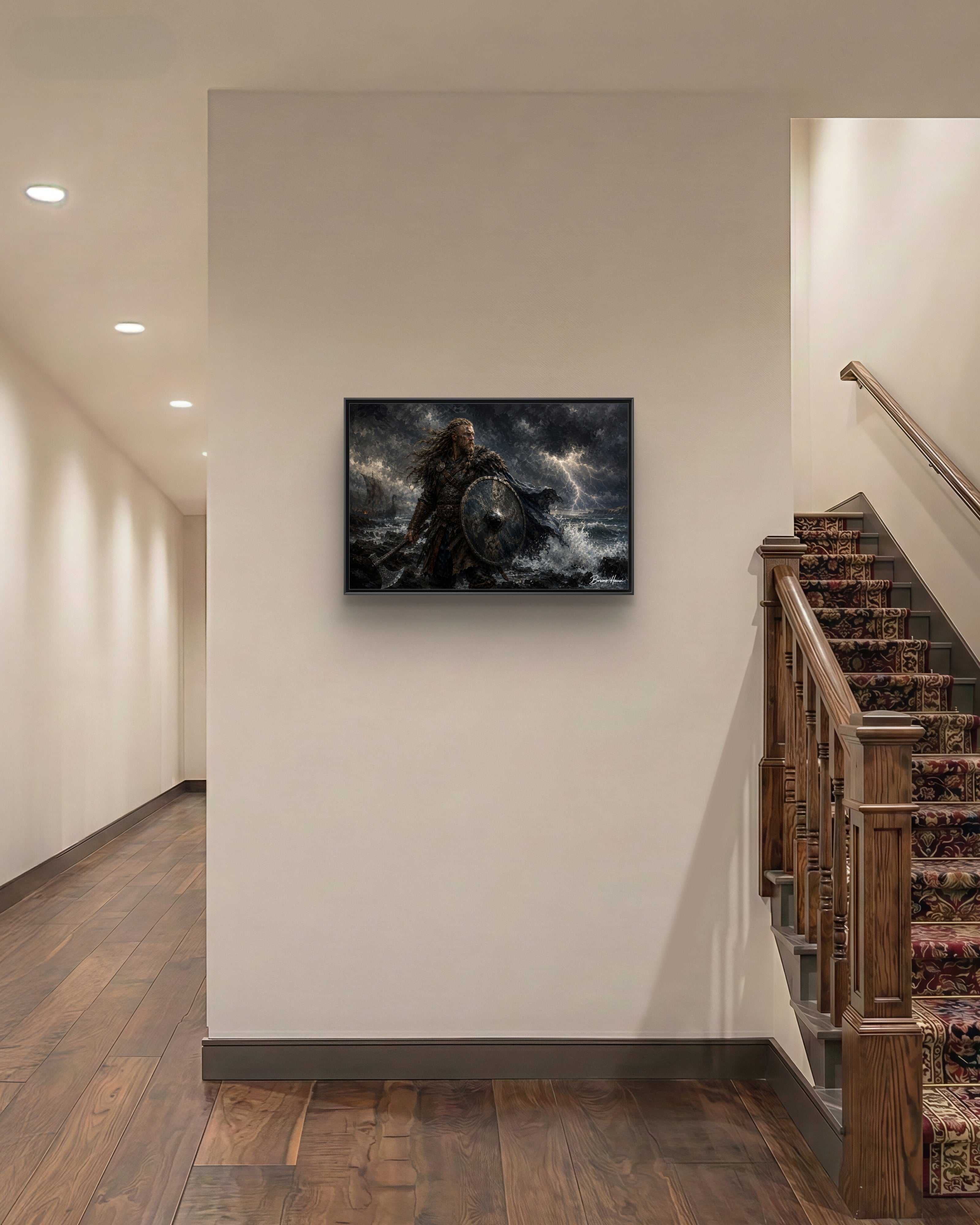 Viking Warrior Matte Framed Canvas Print — Stormy Norse Shield and Axe Wall Art