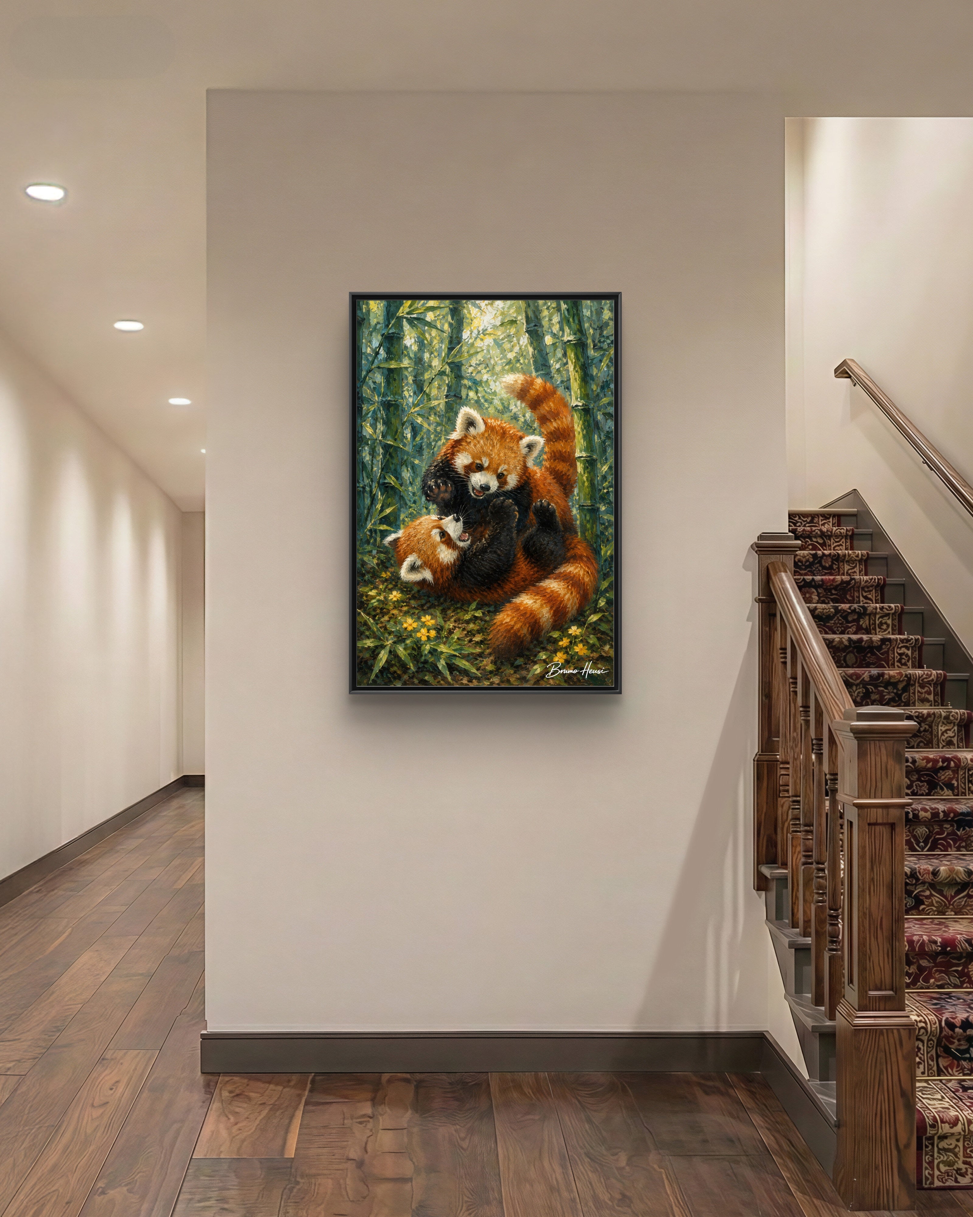 Red Panda Playtime Framed Canvas Wall Art — Playful Wildlife Print