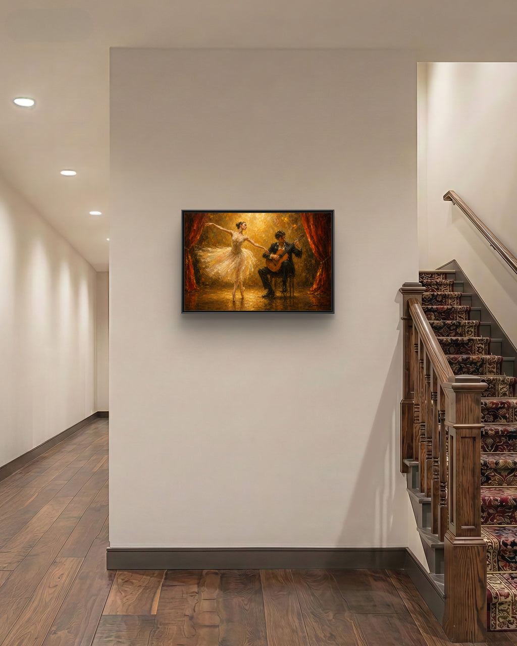 Ballet Dancer & Guitarist Framed Canvas Wall Art — Oil-Style Performance Print