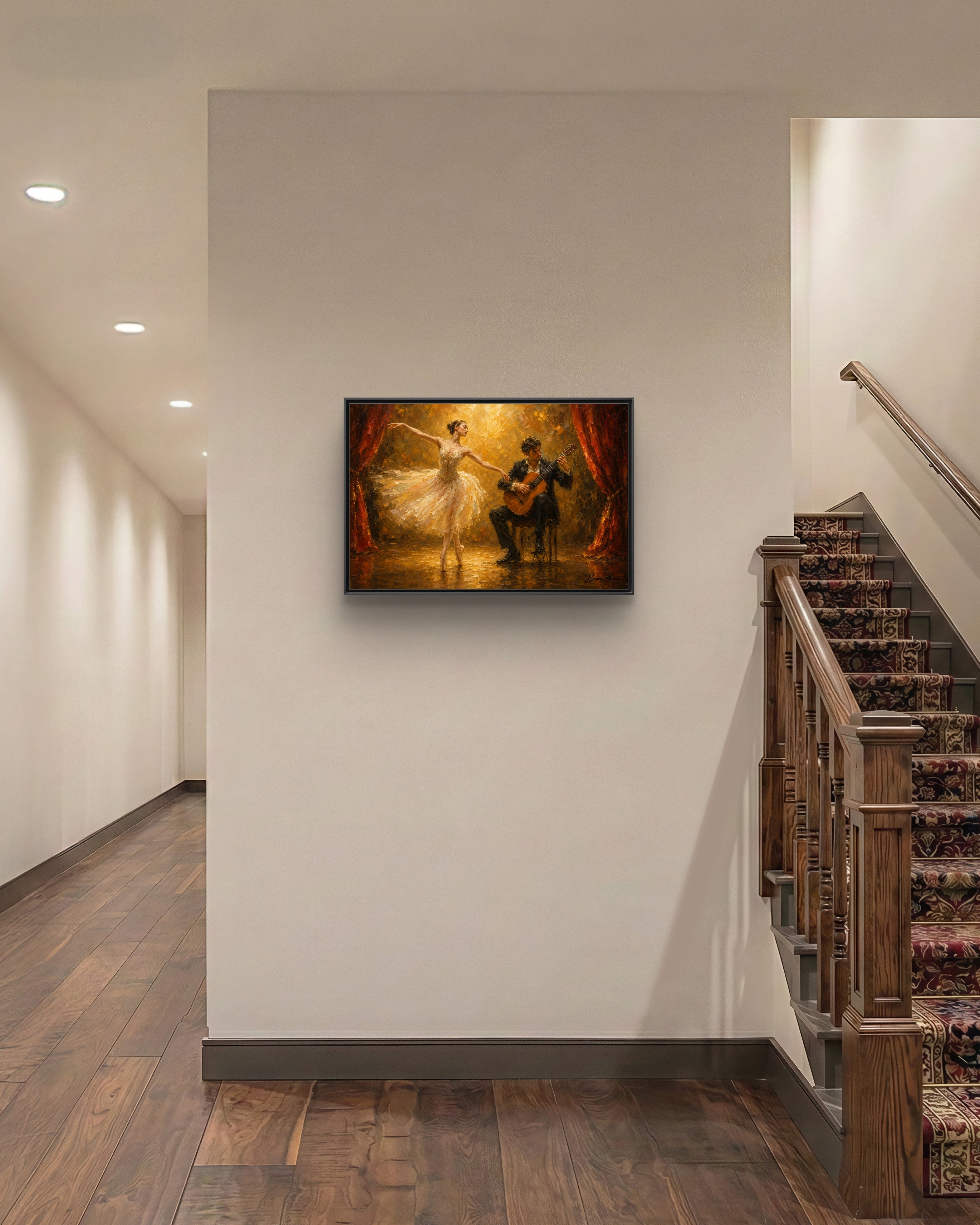 Ballet Dancer & Guitarist Framed Canvas Wall Art — Oil-Style Performance Print