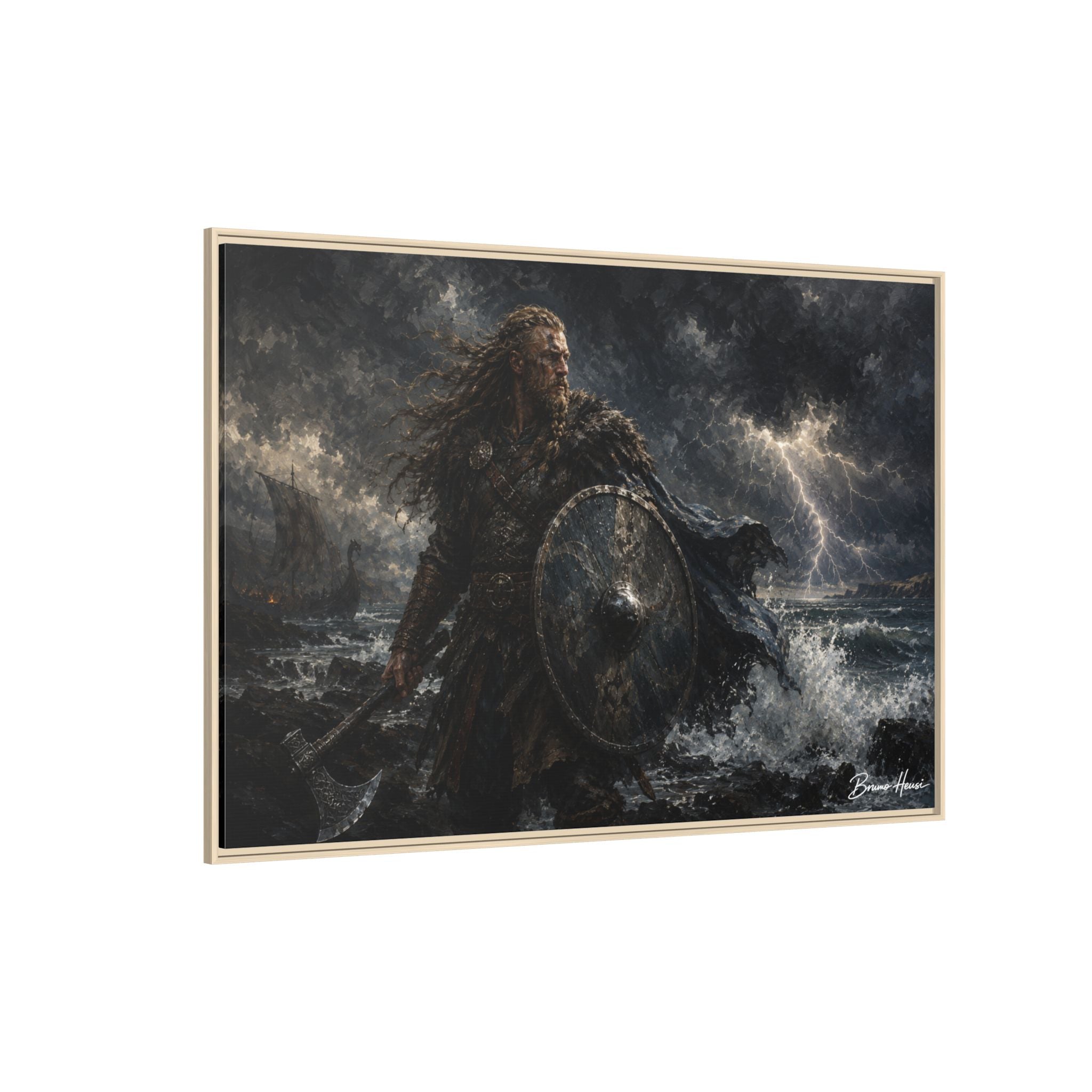 Viking Warrior Matte Framed Canvas Print — Stormy Norse Shield and Axe Wall Art