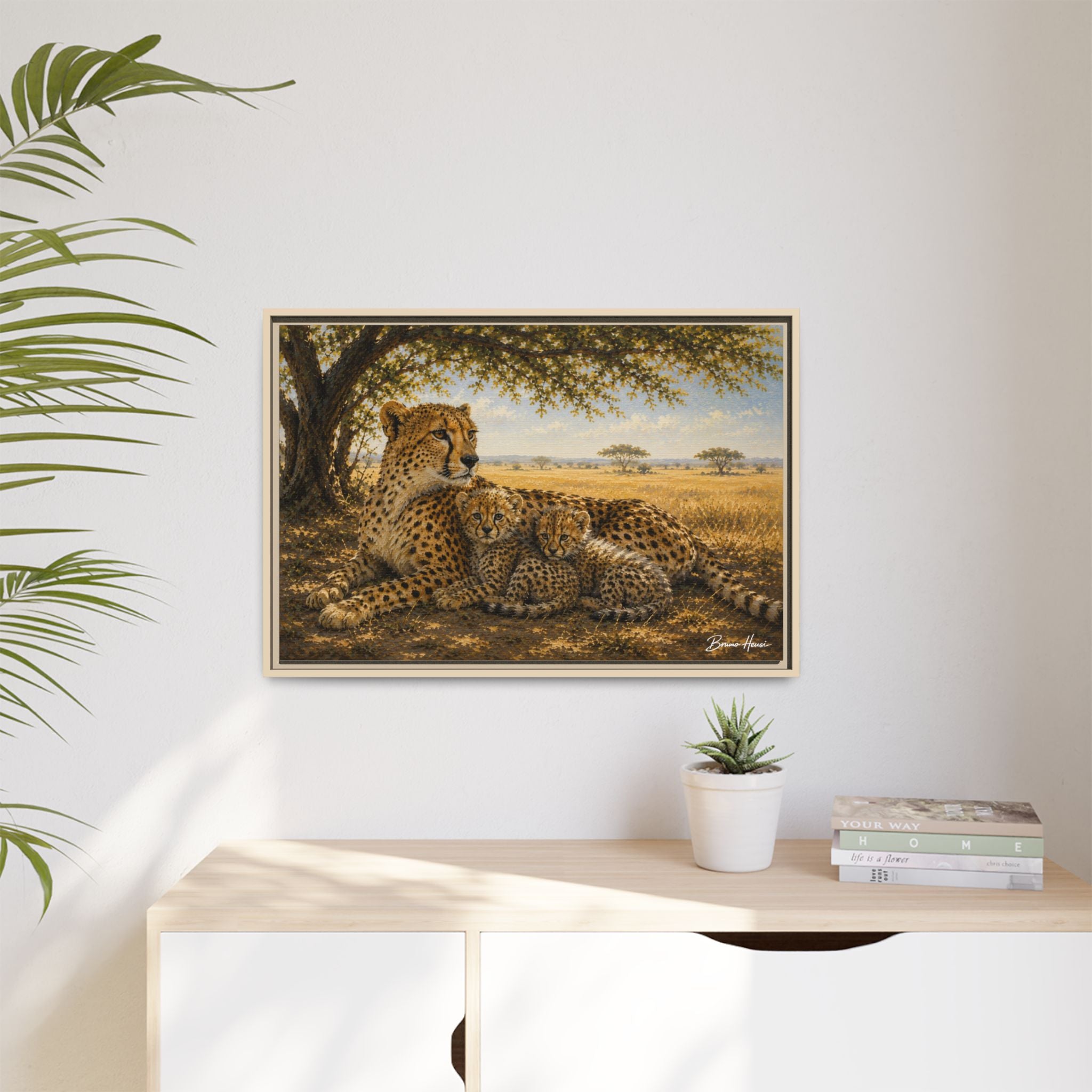 Cheetah Mother & Cubs Framed Canvas Wall Art – African Wildlife Safari Print