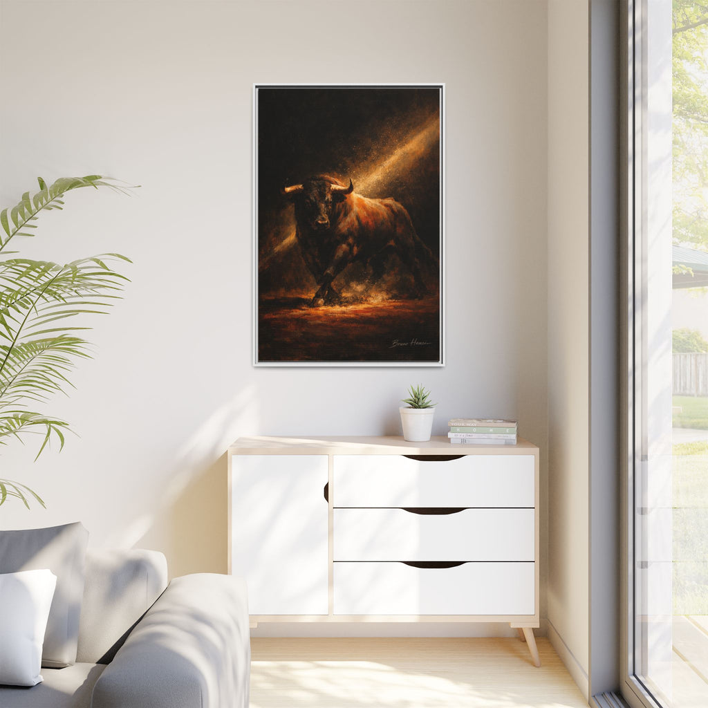 Framed Matte Canvas Art - Dramatic Charging Bull Painting