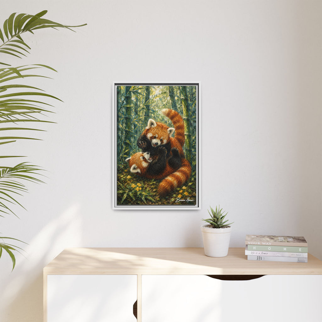 Red Panda Playtime Framed Canvas Wall Art — Playful Wildlife Print