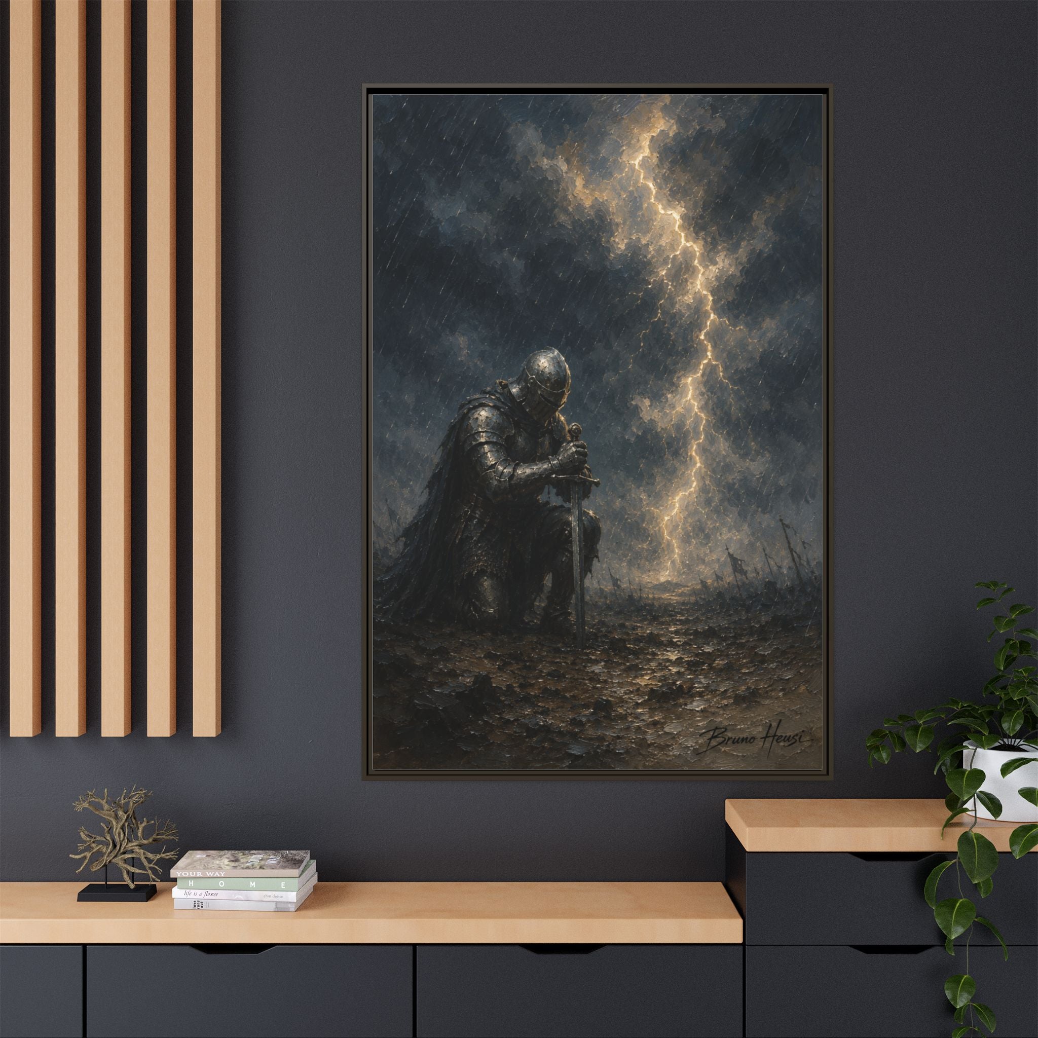 Knight in Thunderstorm Matte Framed Canvas — Dark Fantasy Wall Art