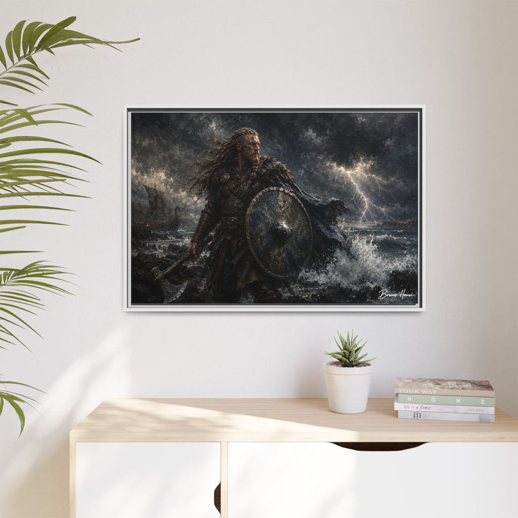 Viking Warrior Matte Framed Canvas Print — Stormy Norse Shield and Axe Wall Art