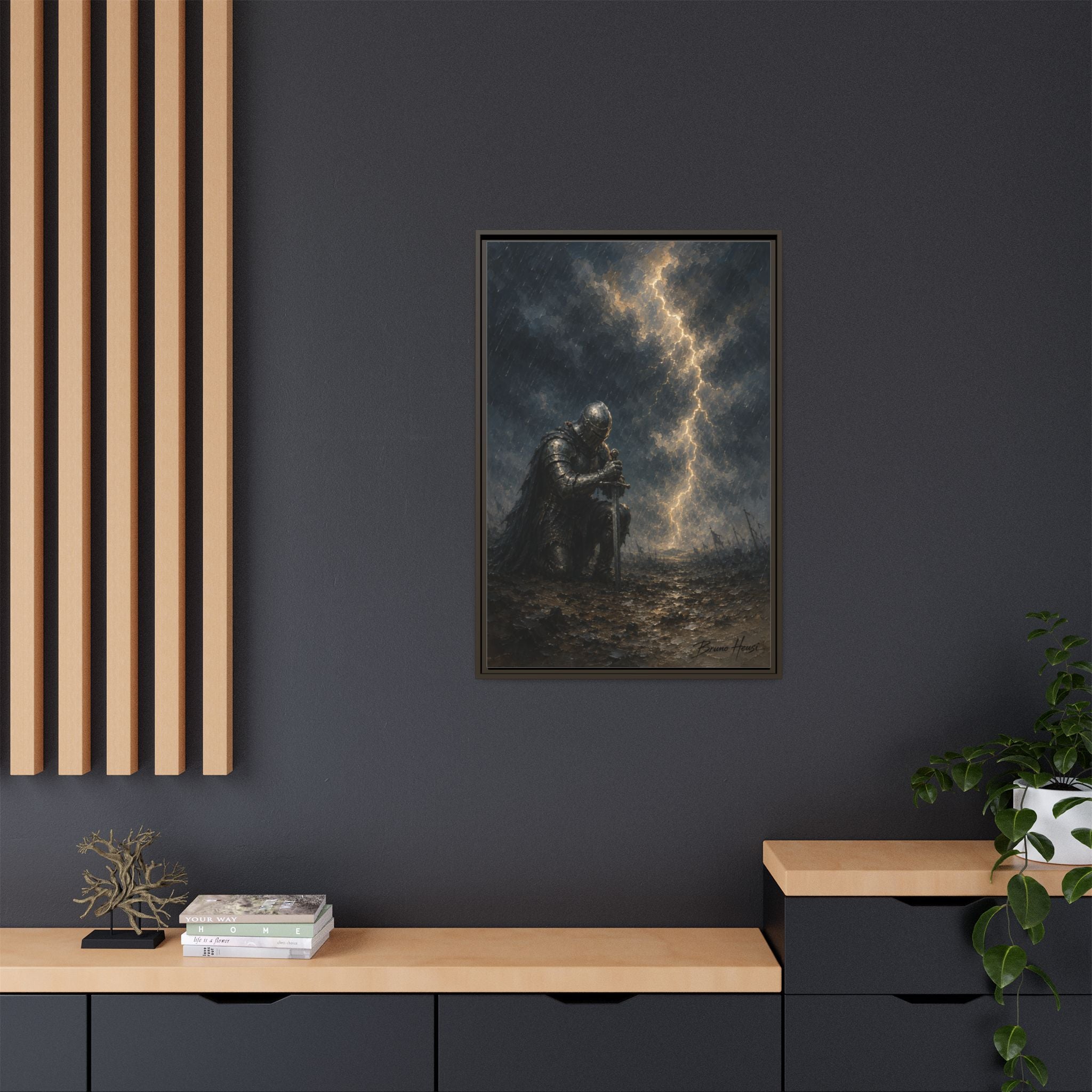 Knight in Thunderstorm Matte Framed Canvas — Dark Fantasy Wall Art
