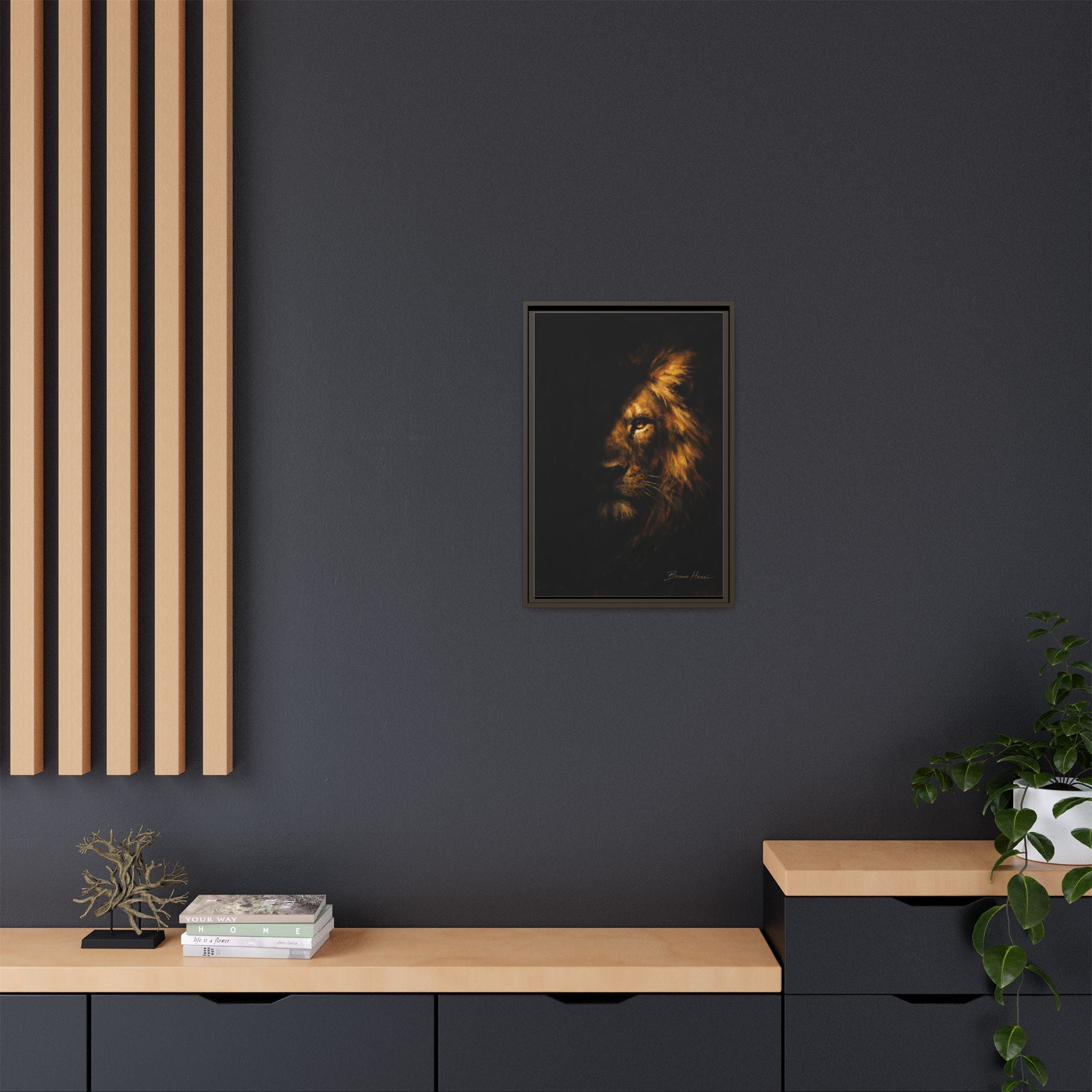 Majestic Lion Portrait Framed Canvas Wall Art — Golden Mane on Black Matte Print