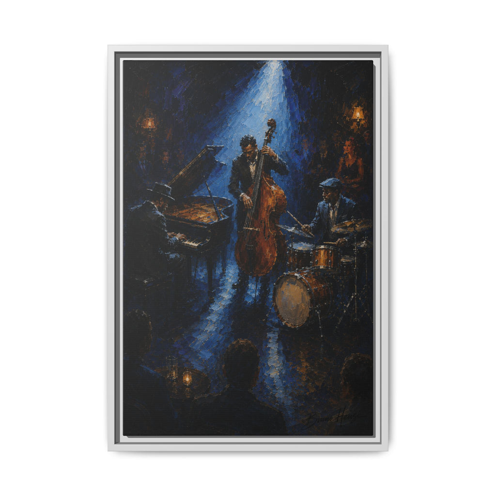 Framed Jazz Quartet Canvas Wall Art – Moody Blue Music Scene
