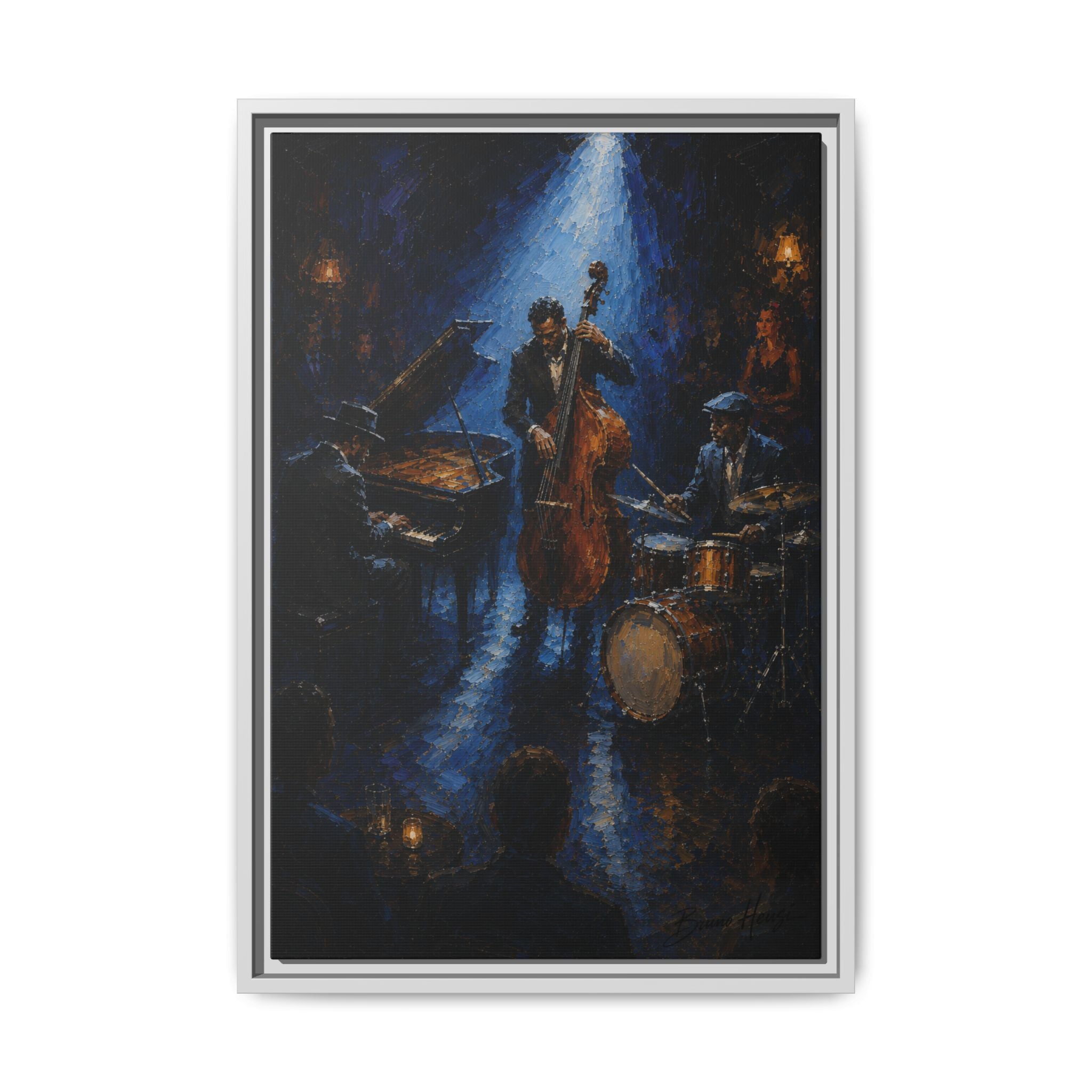 Framed Jazz Quartet Canvas Wall Art – Moody Blue Music Scene