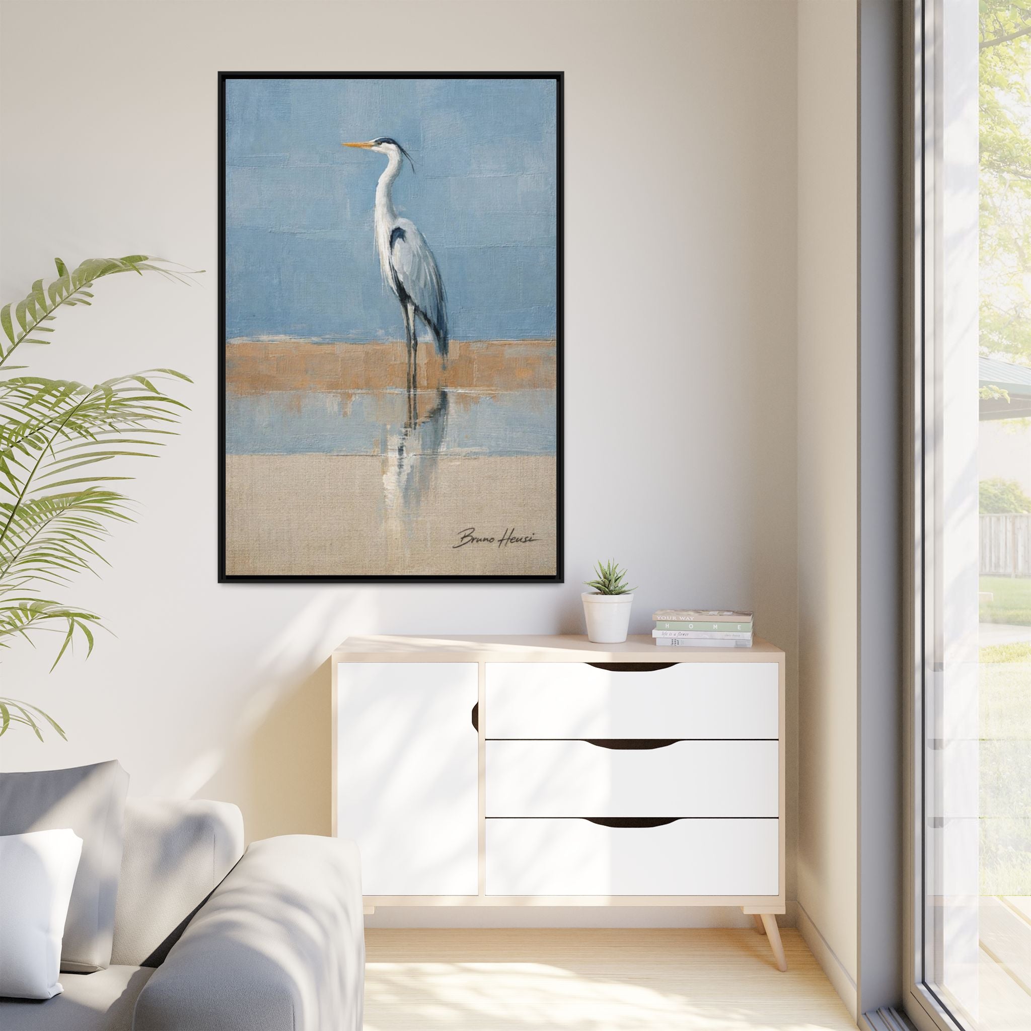 Framed Heron Canvas Art – Coastal Shorebird Wall Decor