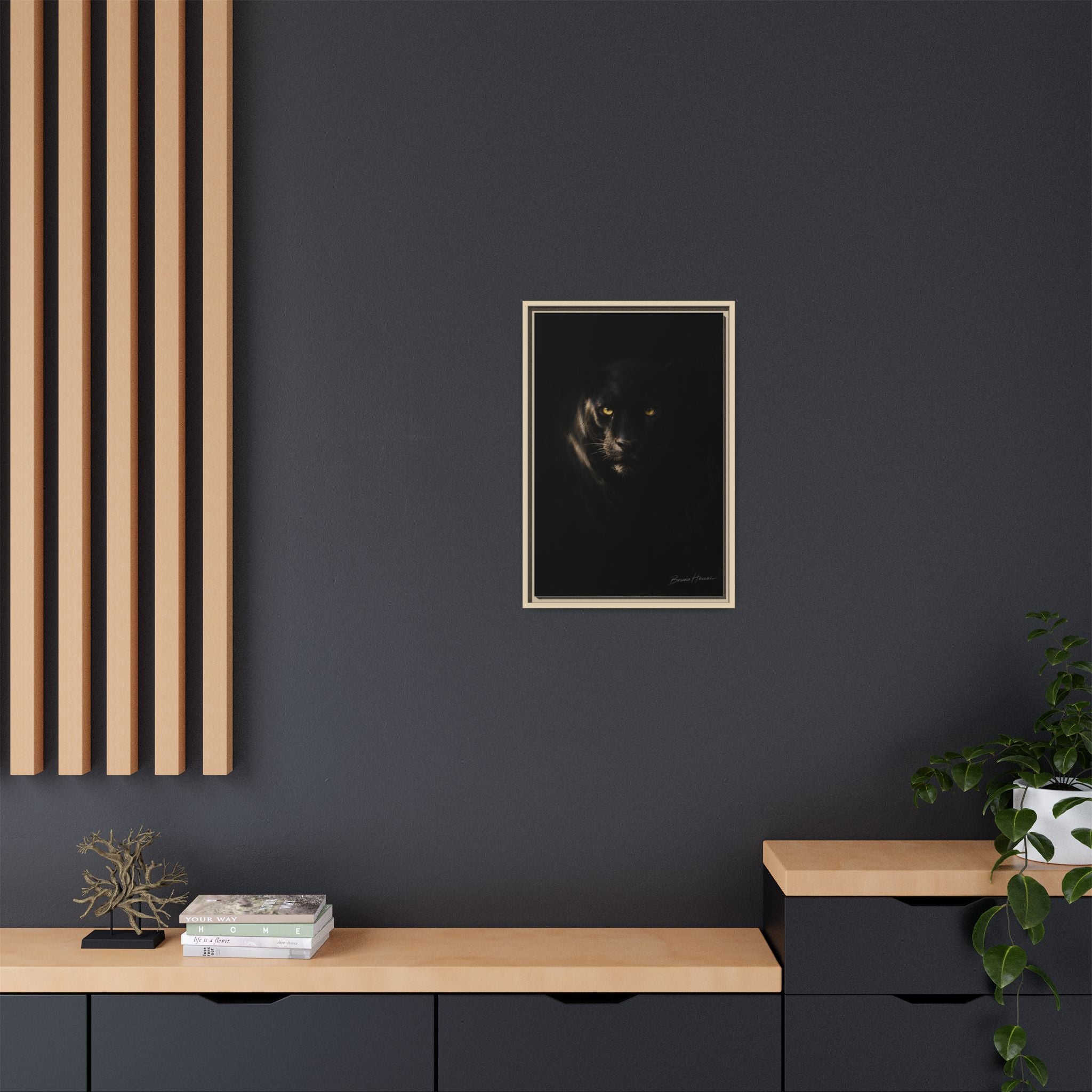 Framed Matte Canvas - Black Panther Wall Art with Golden Eyes