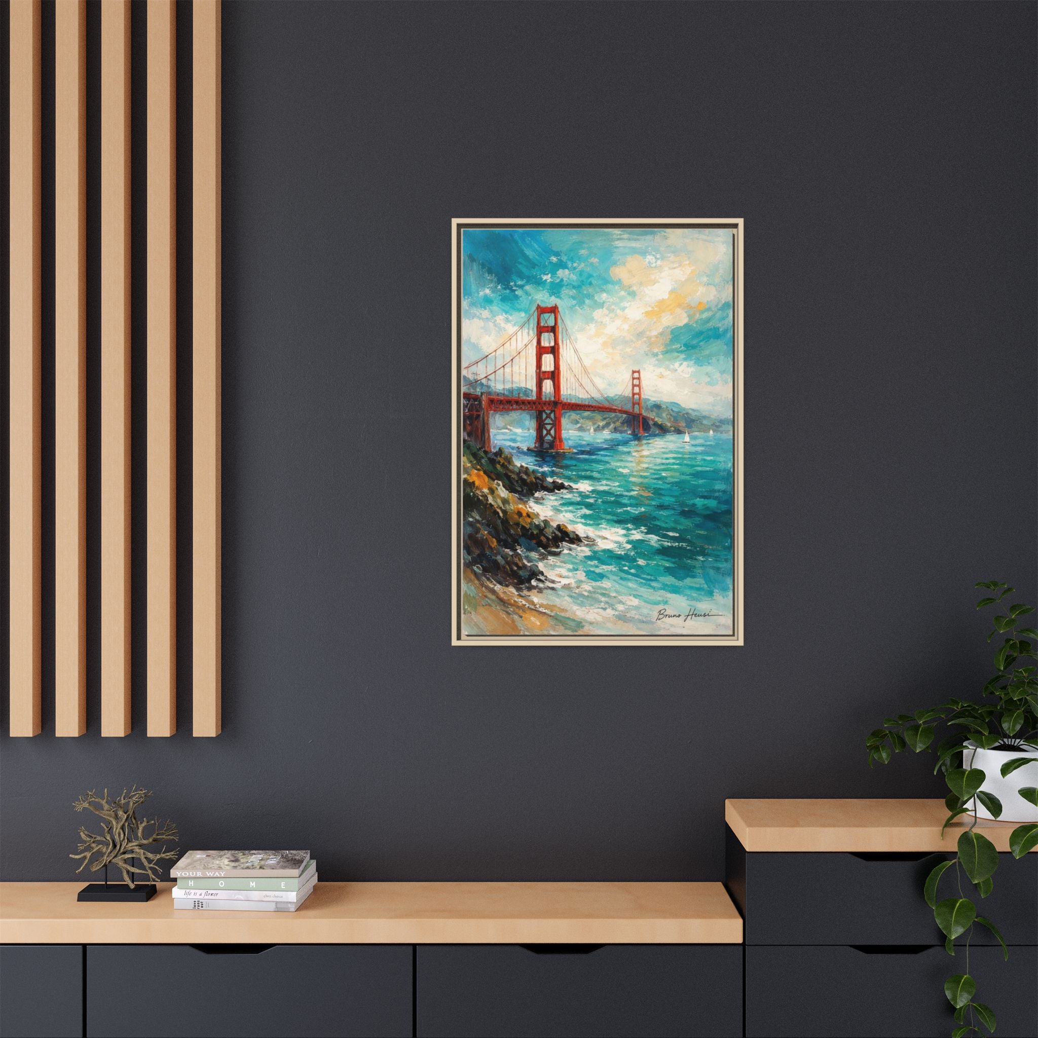 Golden Gate Bridge Seascape Matte Canvas Framed Wall Art